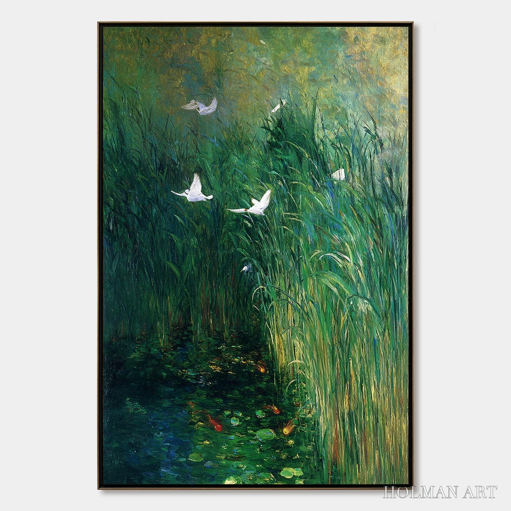 HOLMAN ART Emerald Flight – Vibrant Nature Painting of Birds Over a Serene Pond - image 1