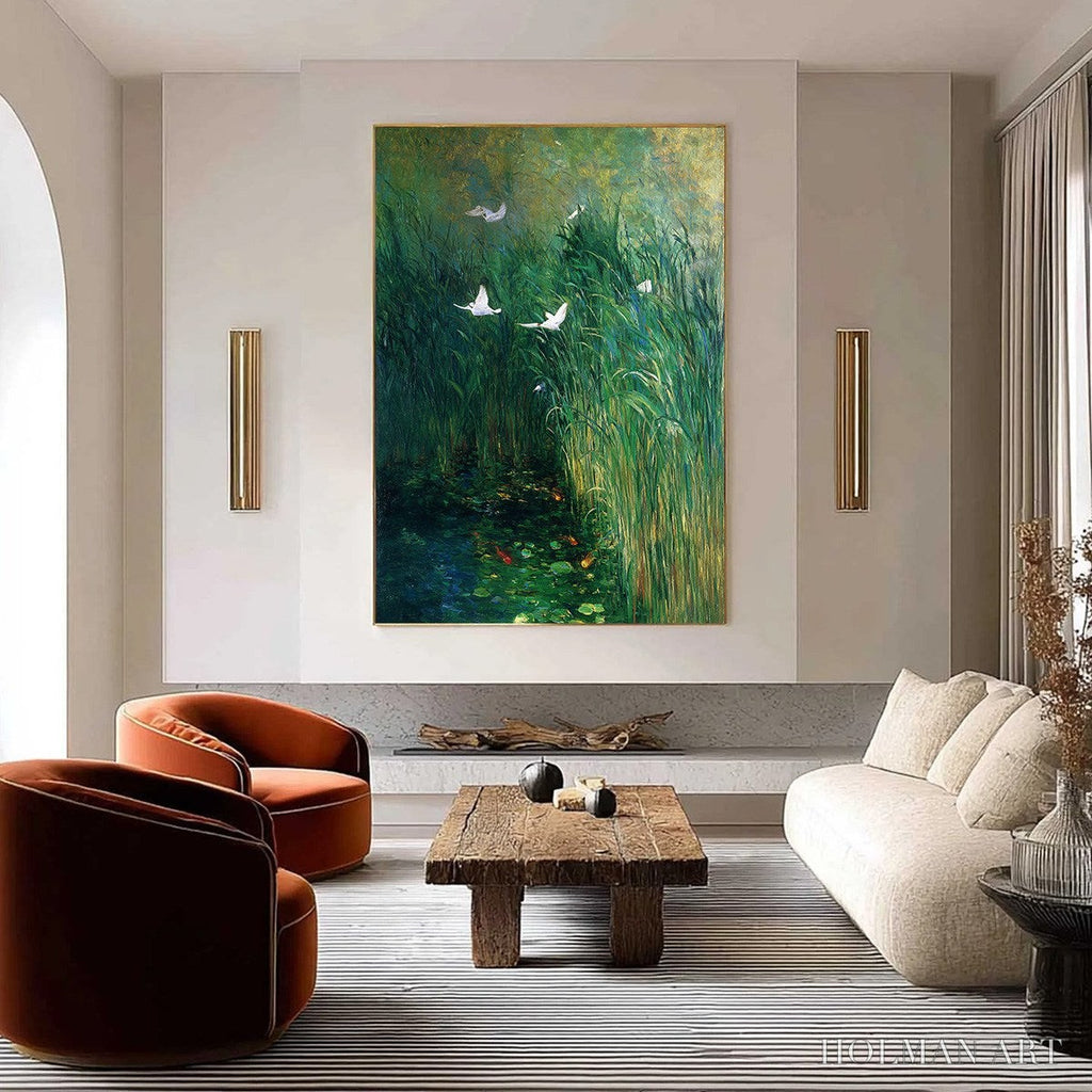 HOLMAN ART Emerald Flight – Vibrant Nature Painting of Birds Over a Serene Pond - image 2