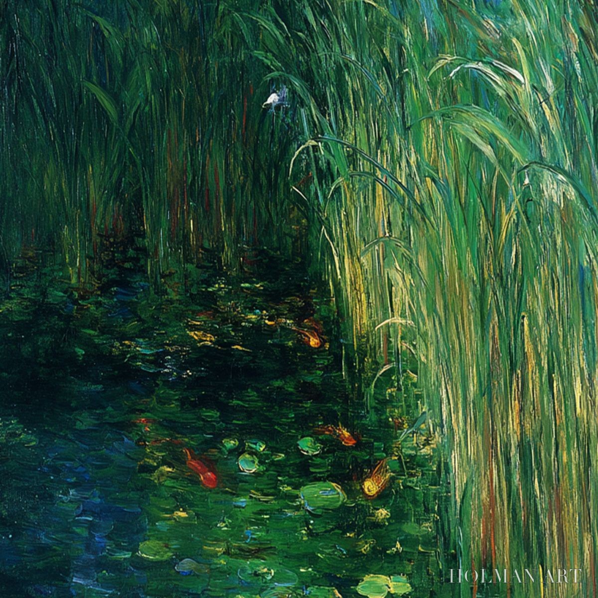 HOLMAN ART Emerald Flight – Vibrant Nature Painting of Birds Over a Serene Pond - image 3