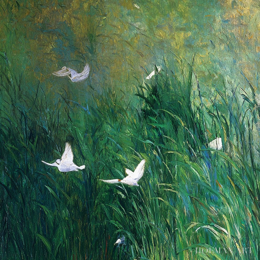 HOLMAN ART Emerald Flight – Vibrant Nature Painting of Birds Over a Serene Pond - image 5