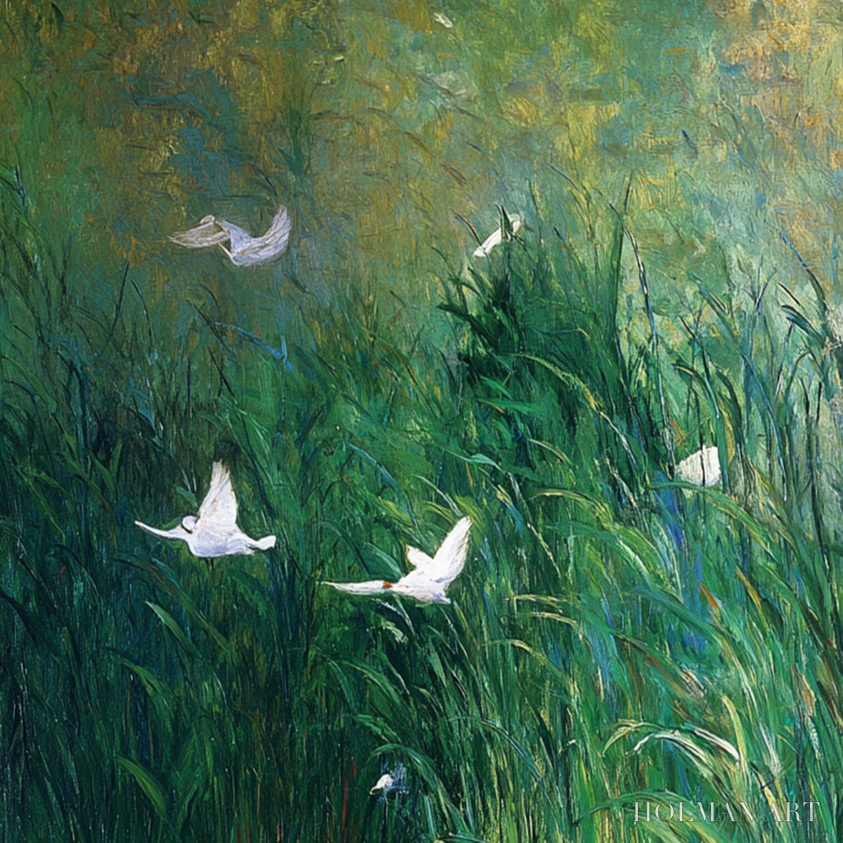 HOLMAN ART Emerald Flight – Vibrant Nature Painting of Birds Over a Serene Pond - image 5