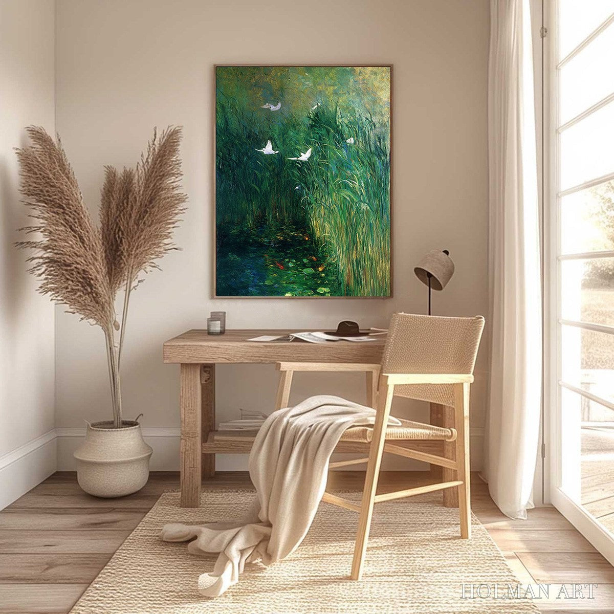 HOLMAN ART Emerald Flight – Vibrant Nature Painting of Birds Over a Serene Pond - image 6