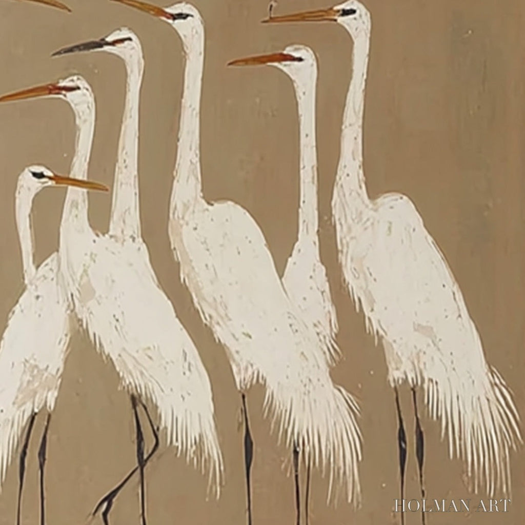 HOLMAN ART the Gathering – Elegant White Egret Flock Animal Oil Painting - image 3