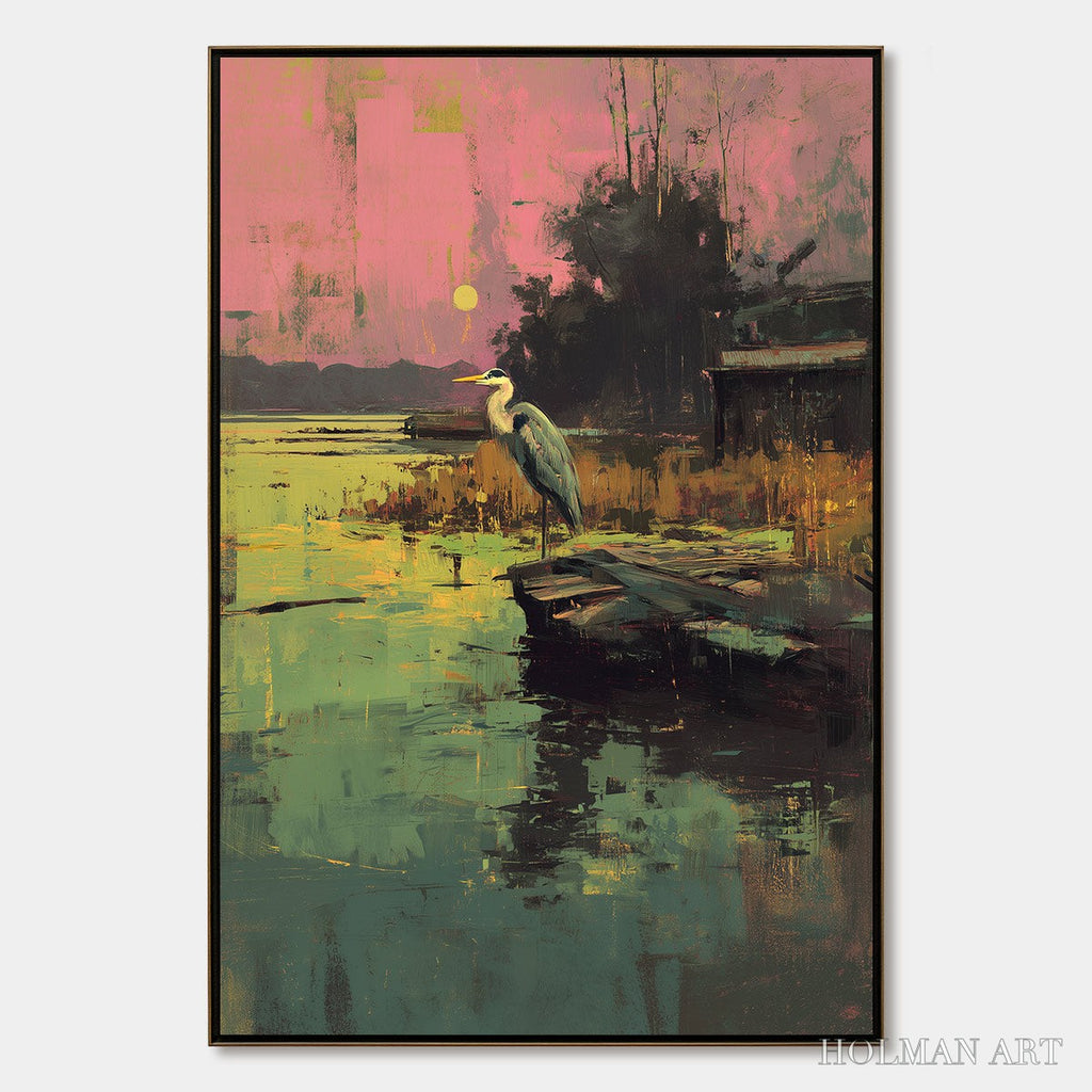 HOLMAN ART Heron'S Repose – Expressive Vertical Wildlife Painting of a Heron at Sunset - image 1