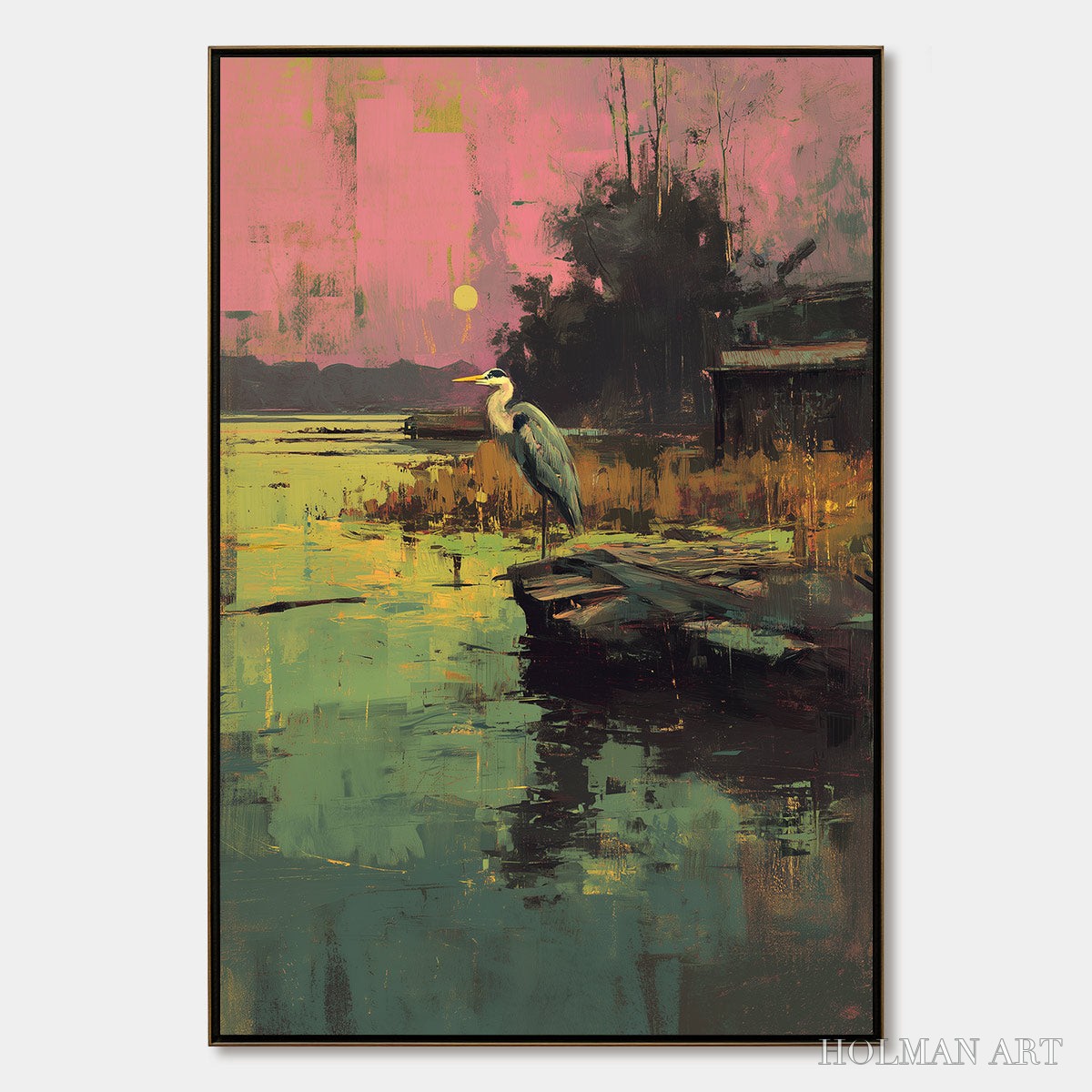 HOLMAN ART Heron'S Repose – Expressive Vertical Wildlife Painting of a Heron at Sunset - image 1