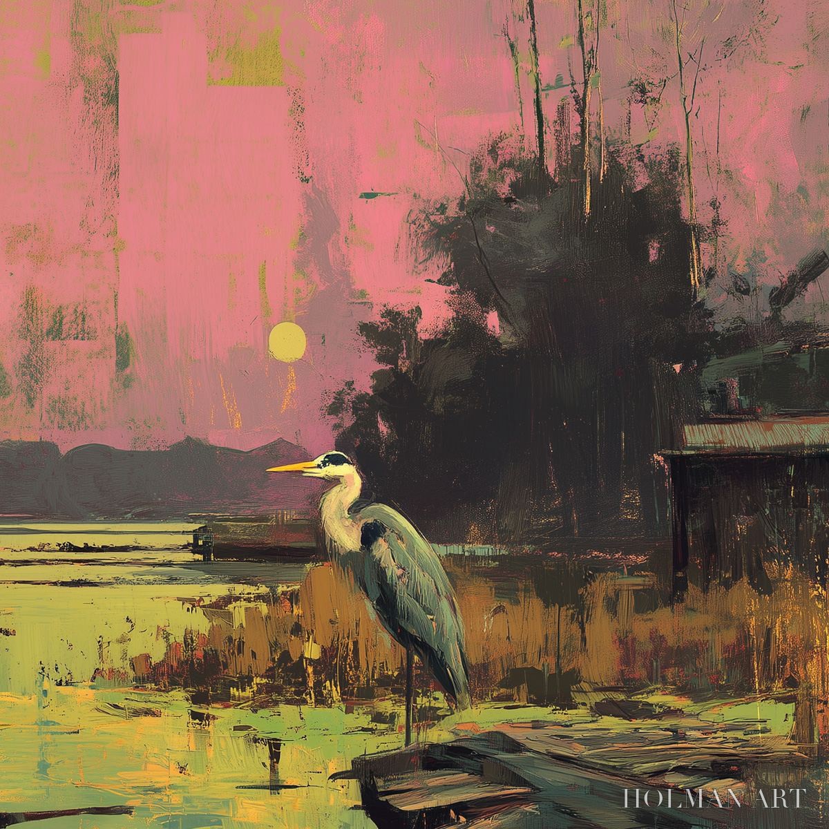 HOLMAN ART Heron'S Repose – Expressive Vertical Wildlife Painting of a Heron at Sunset - image 5