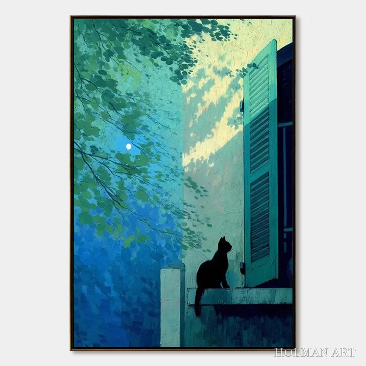 HOLMAN ART Twilight Perch – Minimalist Night Window Cat Oil Painting - image 1