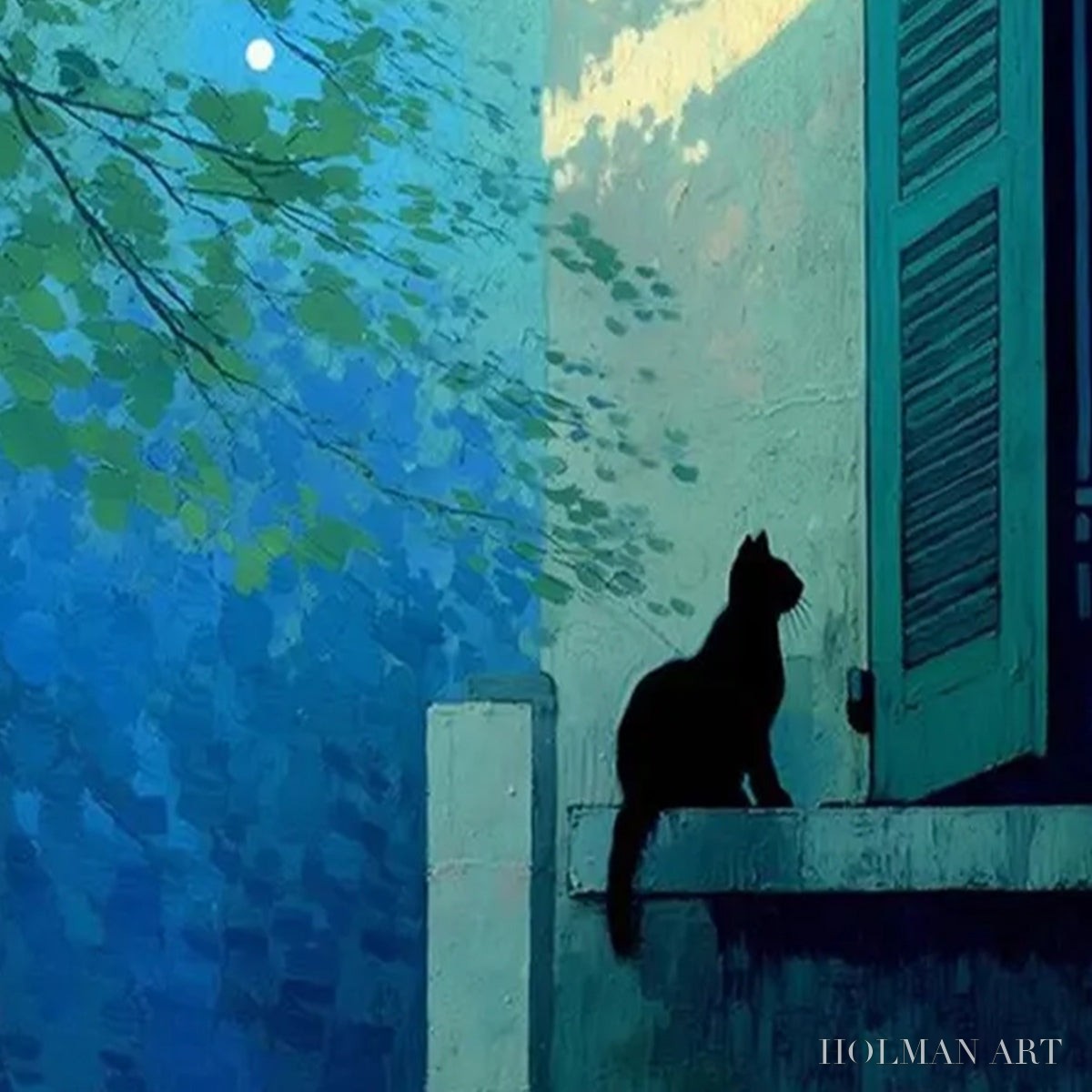 HOLMAN ART Twilight Perch – Minimalist Night Window Cat Oil Painting - image 3