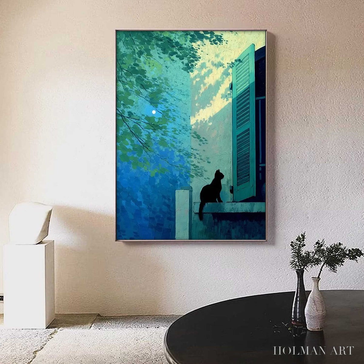 HOLMAN ART Twilight Perch – Minimalist Night Window Cat Oil Painting - image 4