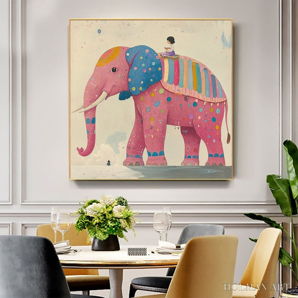 HOLMAN ART Elephant Dreams – Whimsical Pink Elephant and Child Oil Painting - image 2
