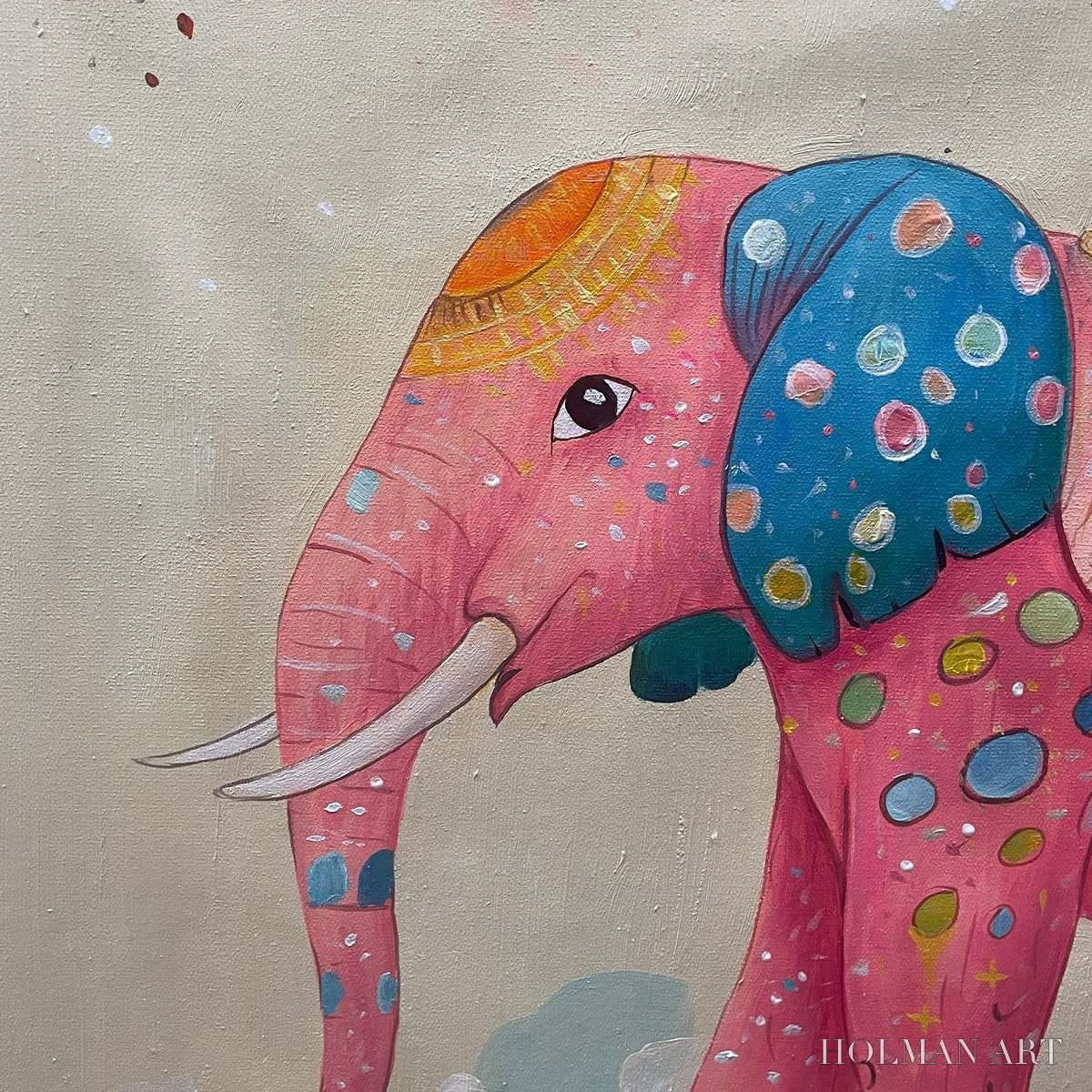 HOLMAN ART Elephant Dreams – Whimsical Pink Elephant and Child Oil Painting - image 3