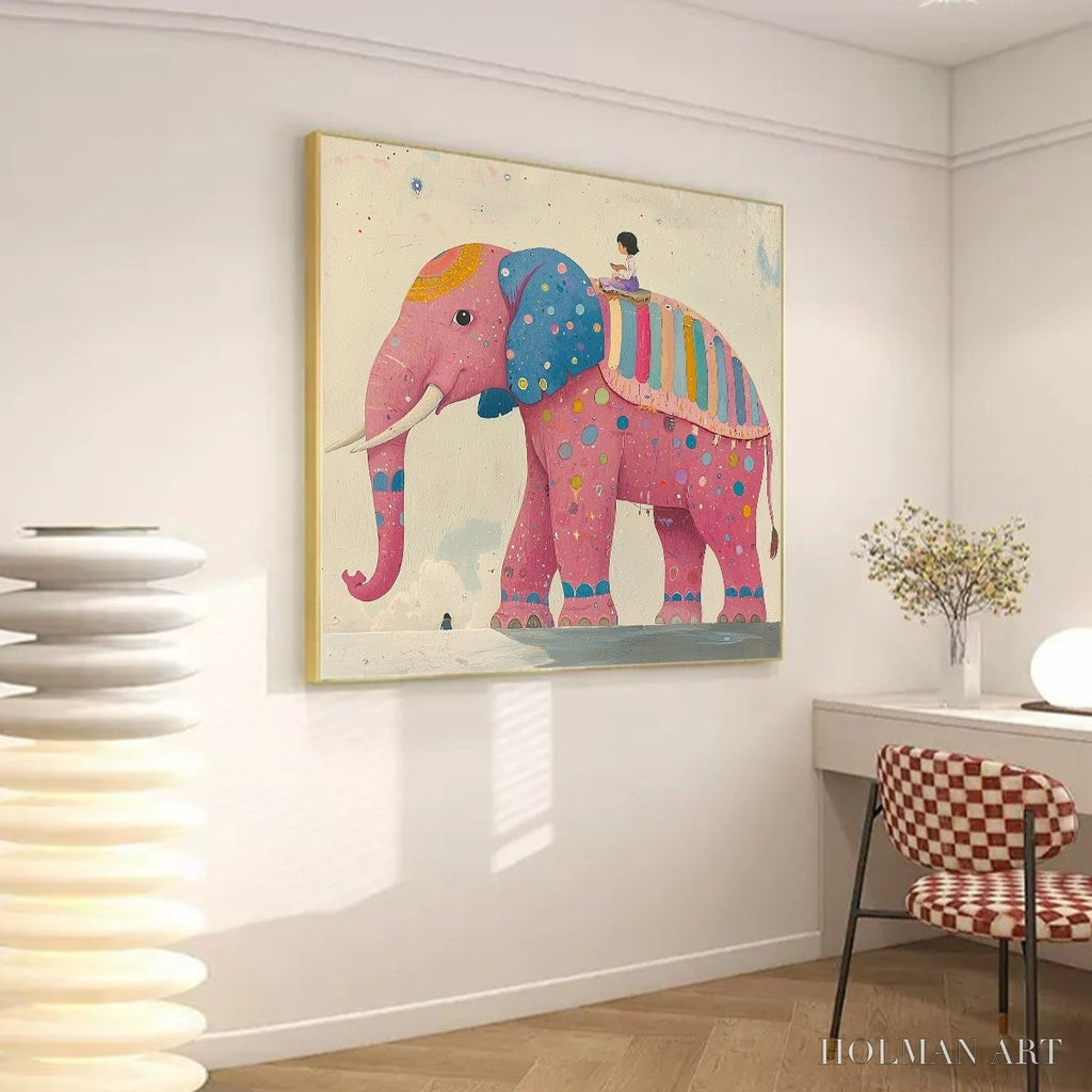 HOLMAN ART Elephant Dreams – Whimsical Pink Elephant and Child Oil Painting - image 4