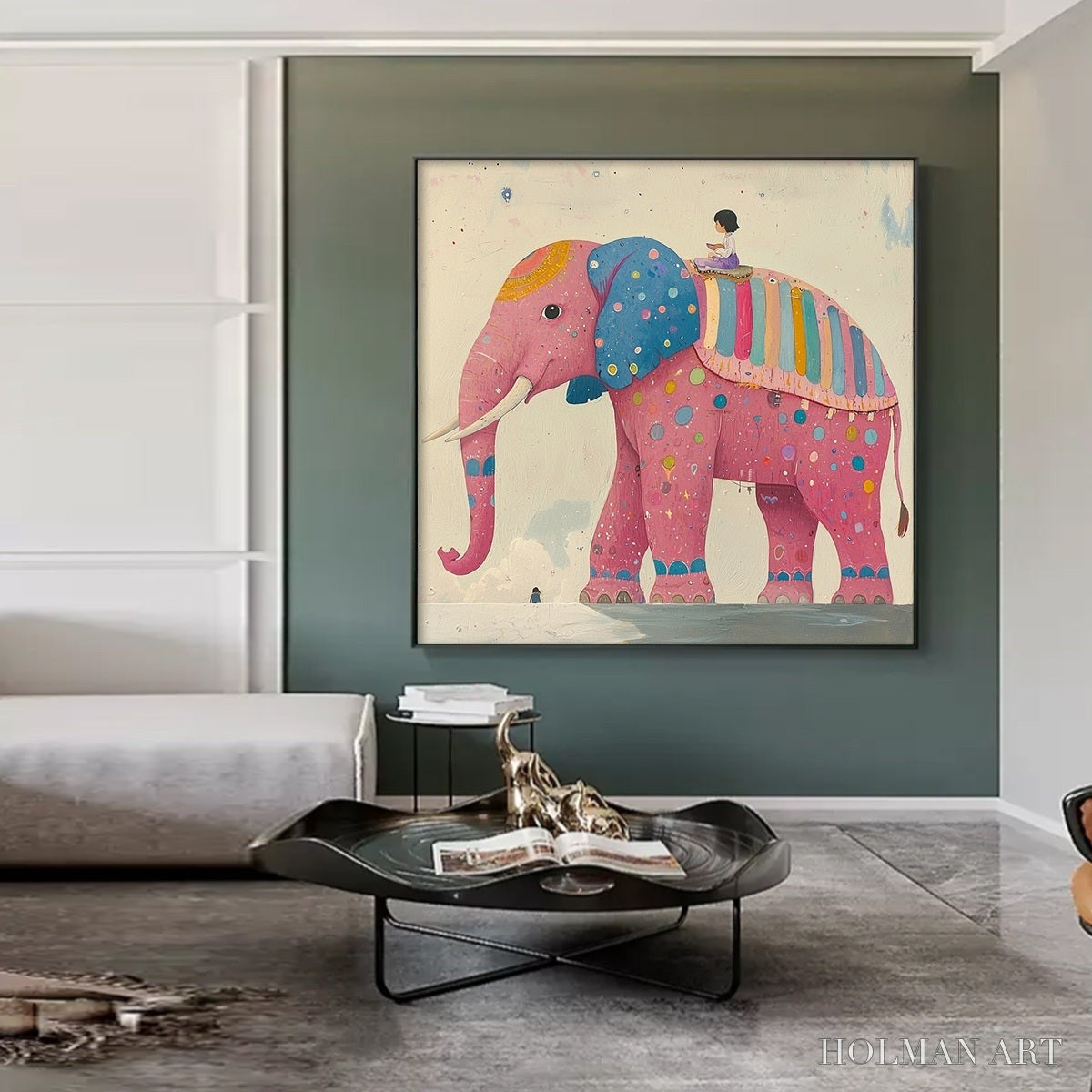 HOLMAN ART Elephant Dreams – Whimsical Pink Elephant and Child Oil Painting - image 6