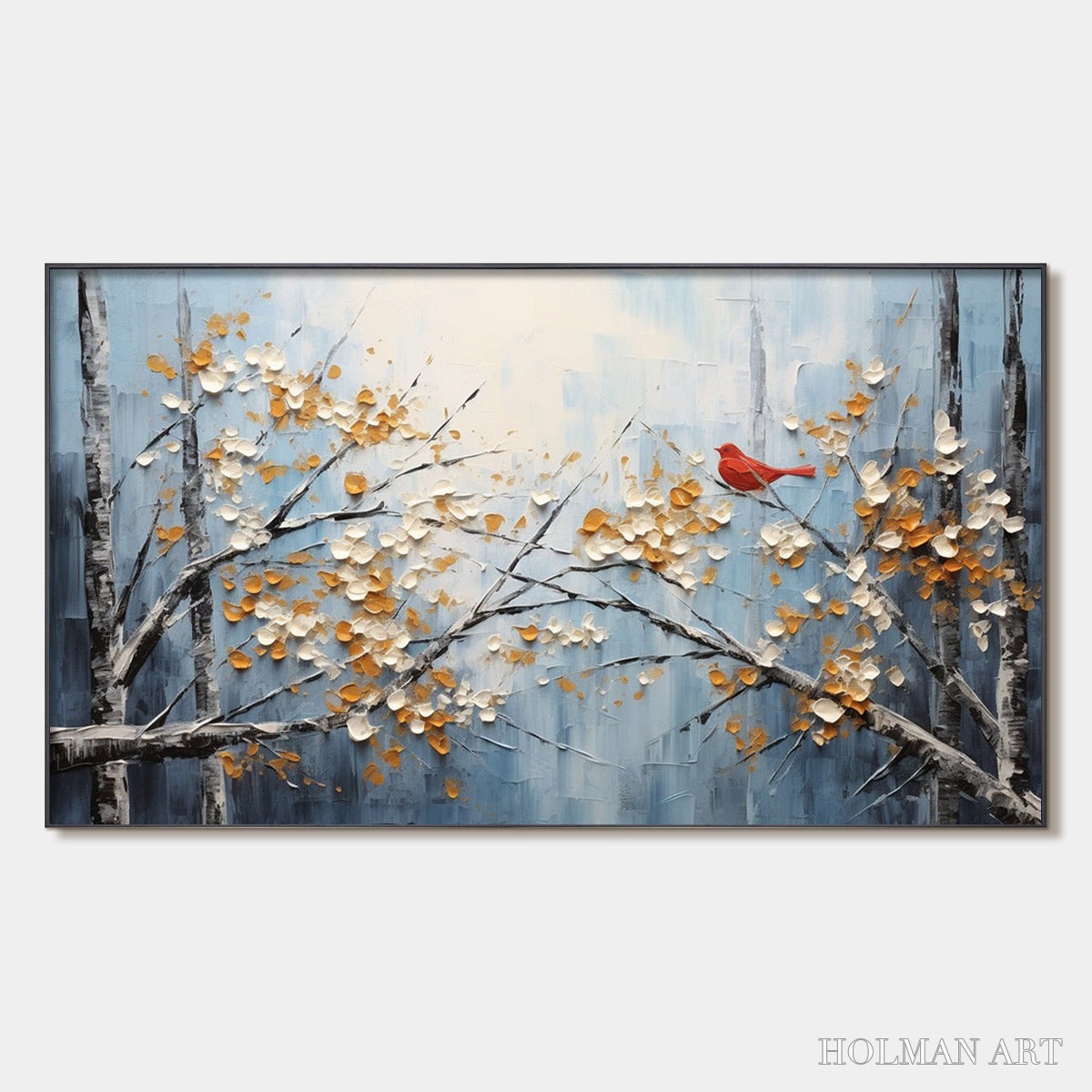 HOLMAN ART Red Bird On Branches – Horizontal Impasto Painting, Bird on Blossoming Branches, Textured , Blue - image 1