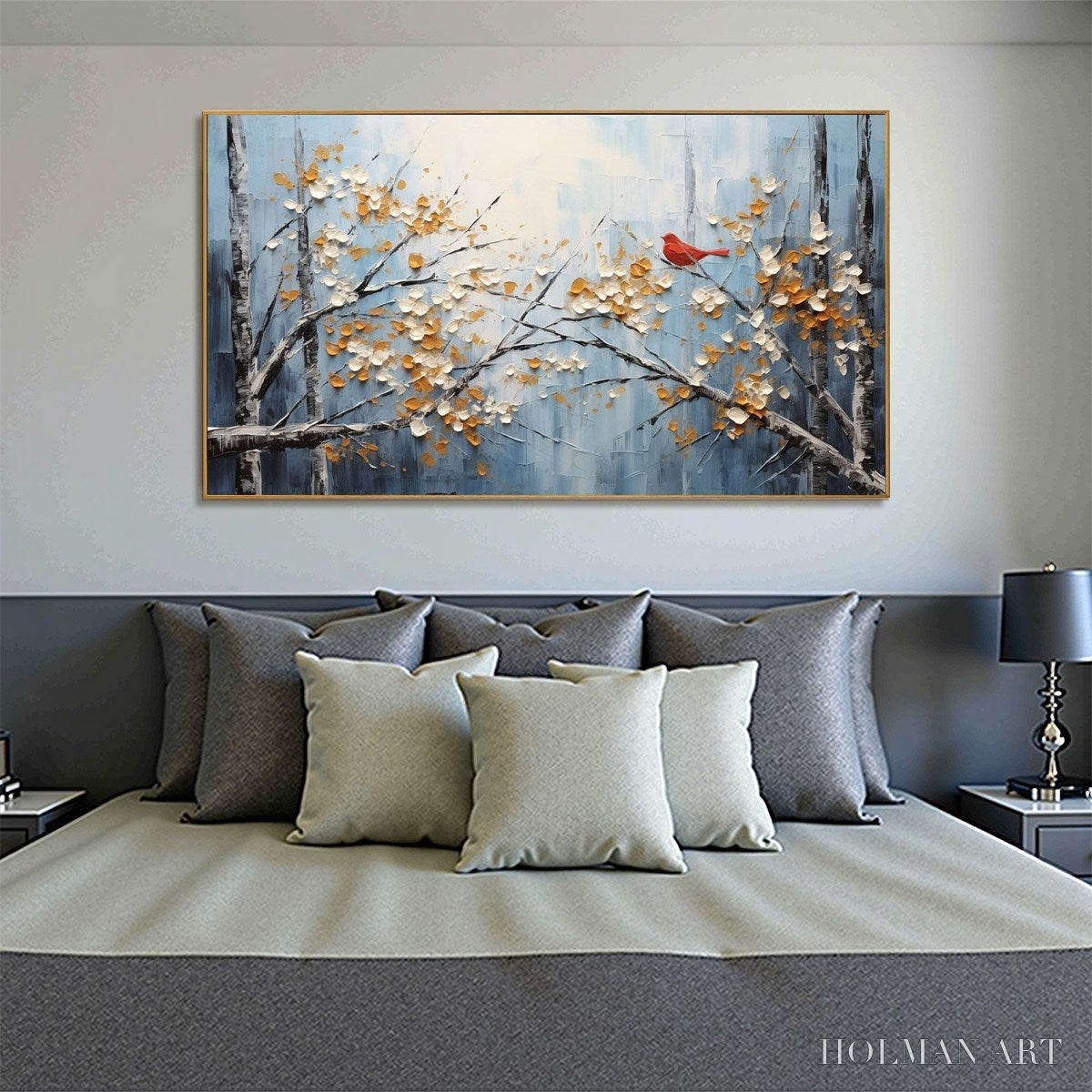 HOLMAN ART Red Bird On Branches – Horizontal Impasto Painting, Bird on Blossoming Branches, Textured , Blue - image 4