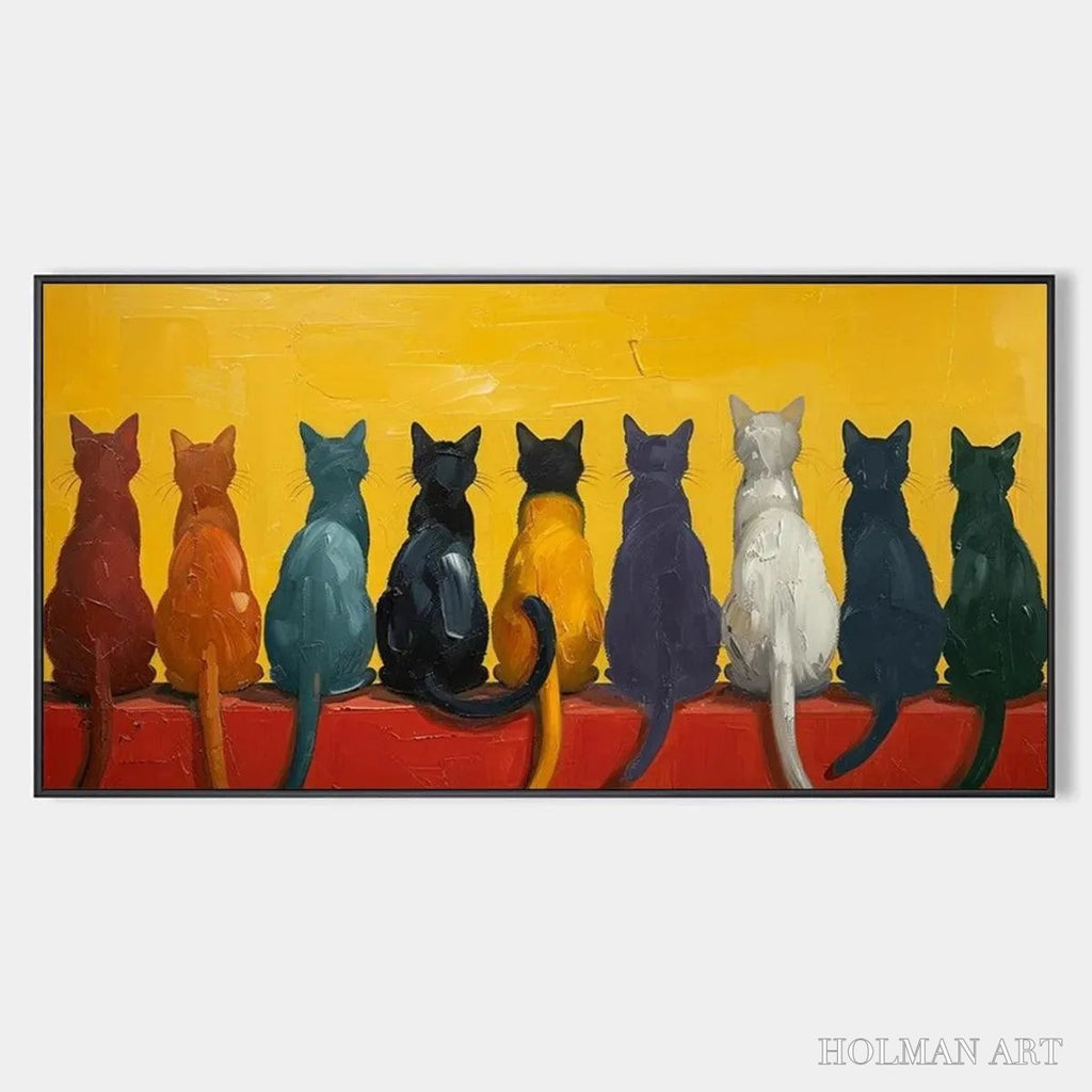 HOLMAN ART Cats in A Row – Whimsical Cat Painting, Textured , Panoramic Canvas, Pet Decor - image 1