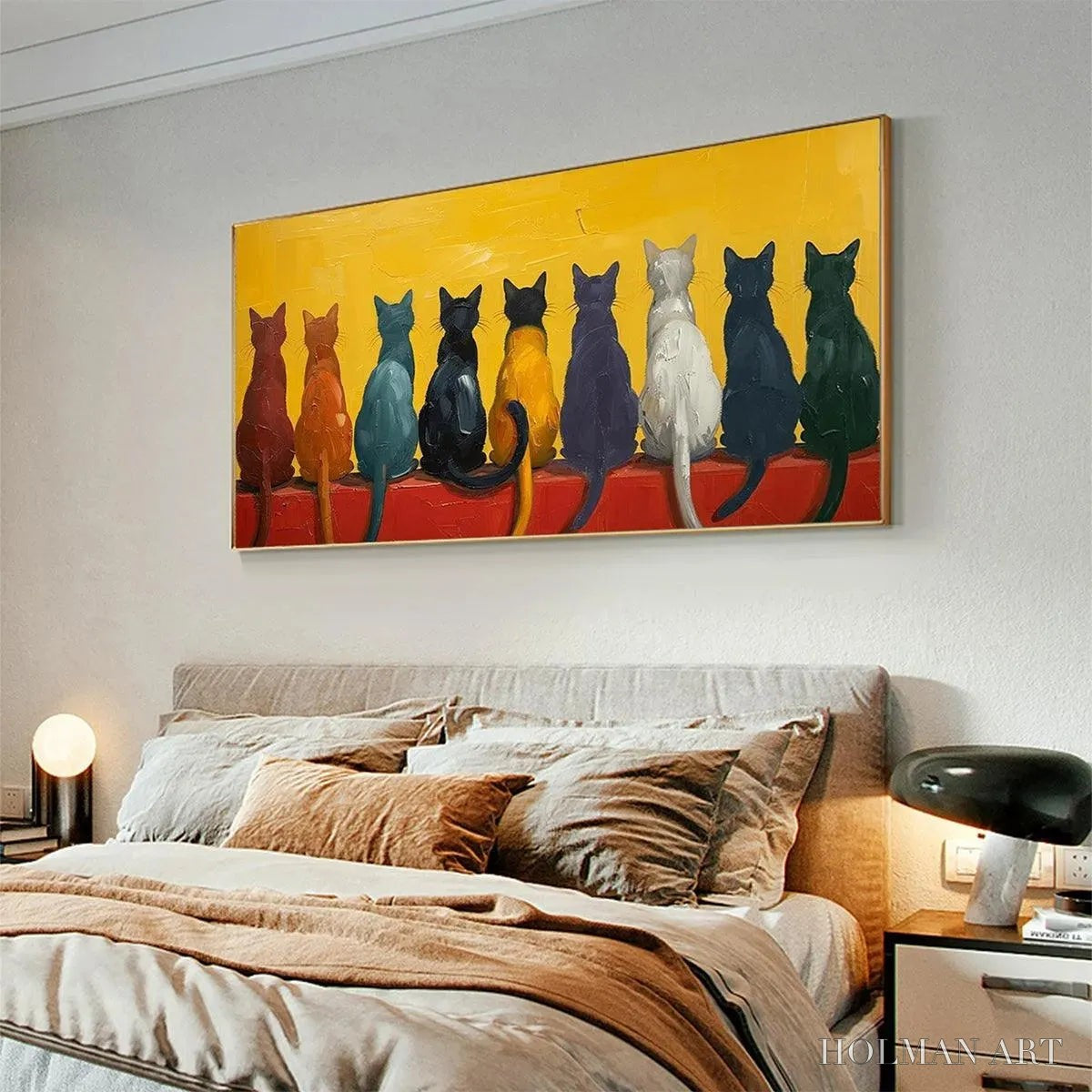 HOLMAN ART Cats in A Row – Whimsical Cat Painting, Textured , Panoramic Canvas, Pet Decor - image 5
