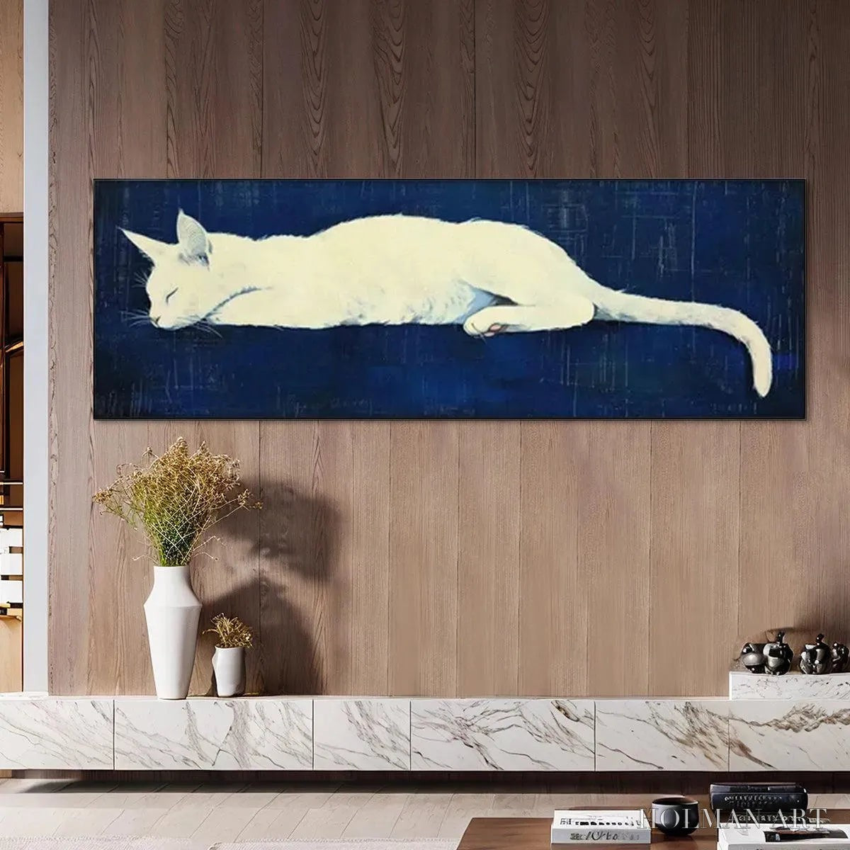 HOLMAN ART Sleeping White Cat Panoramic – Cat Painting, Panoramic , Pet Portrait - image 4