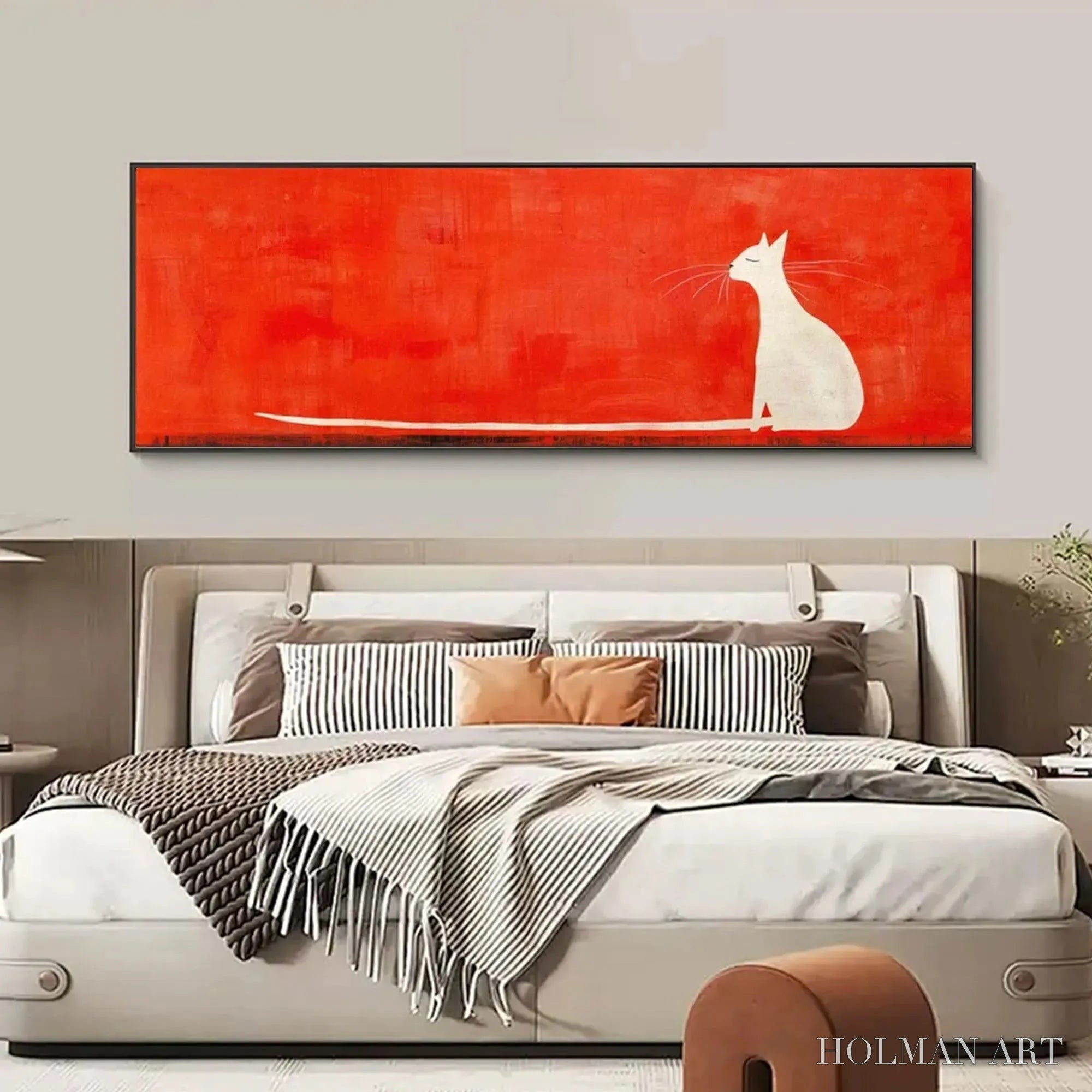 HOLMAN ART Minimalist Cat On Red Panoramic – Cat Painting, Panoramic , Minimalist Decor - image 4