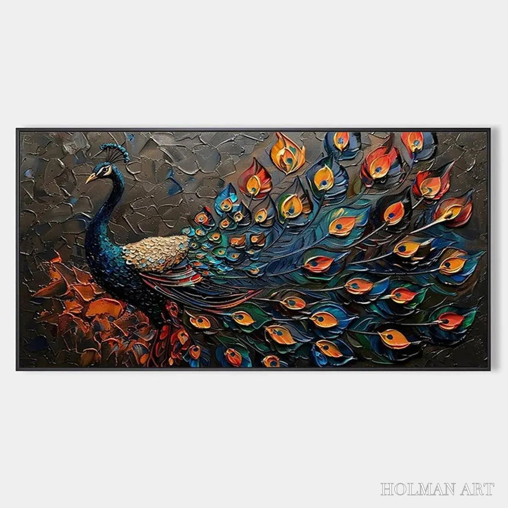 HOLMAN ART Majestic Plumage – Textured Peacock Painting, Impasto , Horizontal Canvas, Animal Decor - image 1
