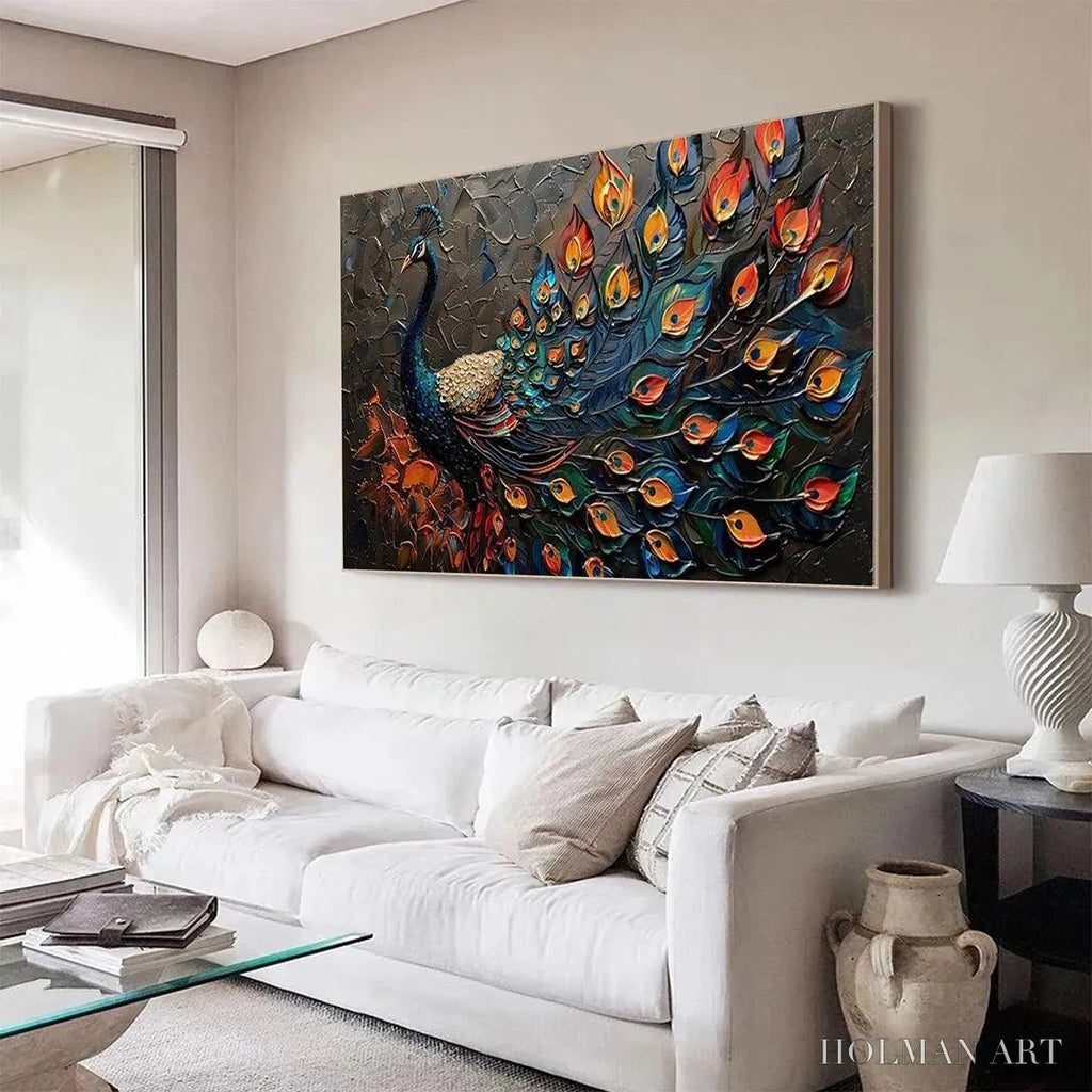 HOLMAN ART Majestic Plumage – Textured Peacock Painting, Impasto , Horizontal Canvas, Animal Decor - image 4