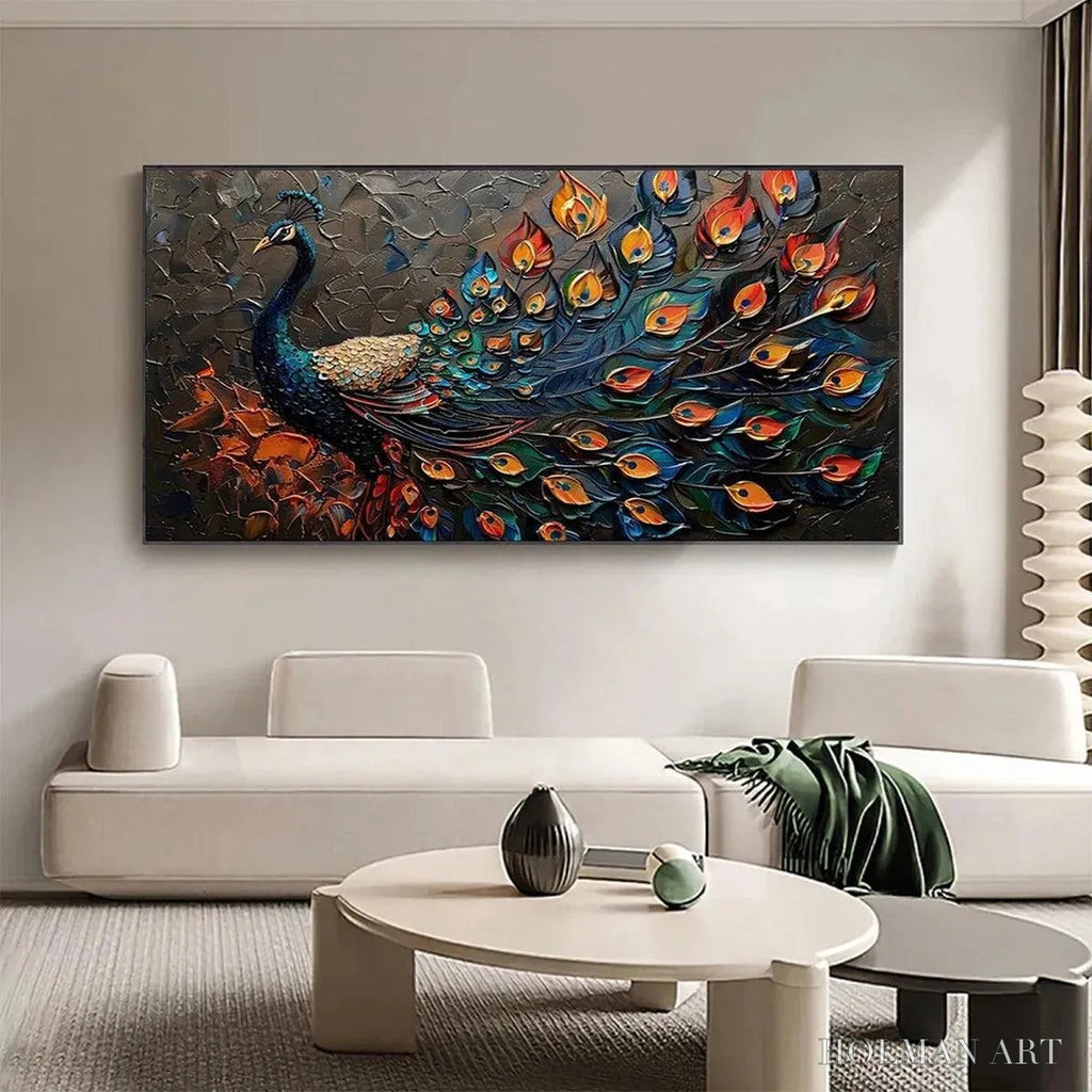 HOLMAN ART Majestic Plumage – Textured Peacock Painting, Impasto , Horizontal Canvas, Animal Decor - image 5