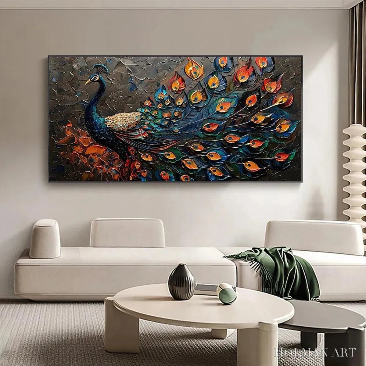 HOLMAN ART Majestic Plumage – Textured Peacock Painting, Impasto , Horizontal Canvas, Animal Decor - image 5