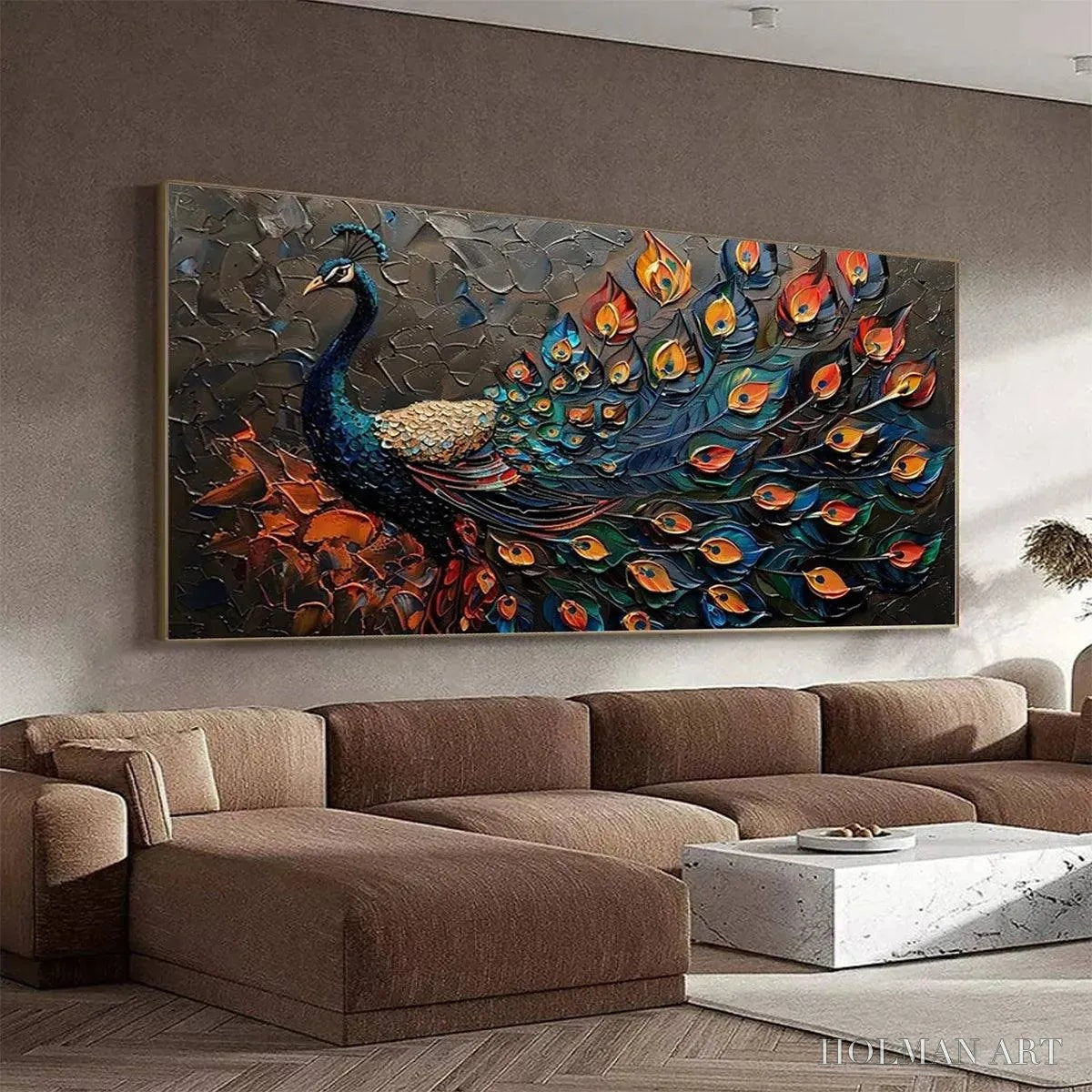 HOLMAN ART Majestic Plumage – Textured Peacock Painting, Impasto , Horizontal Canvas, Animal Decor - image 6