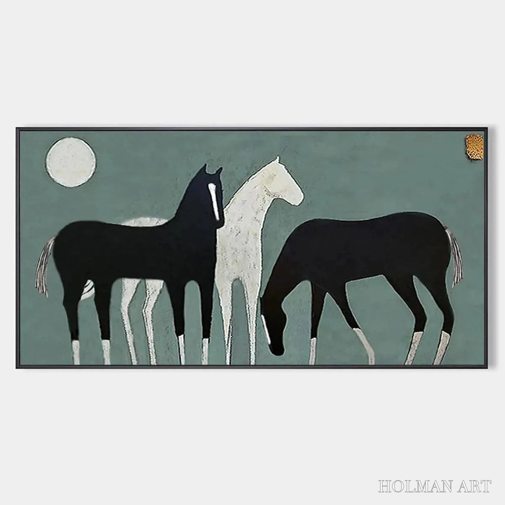 HOLMAN ART Three Horses Under the Moon – Minimalist Horse Painting, Panoramic - image 1