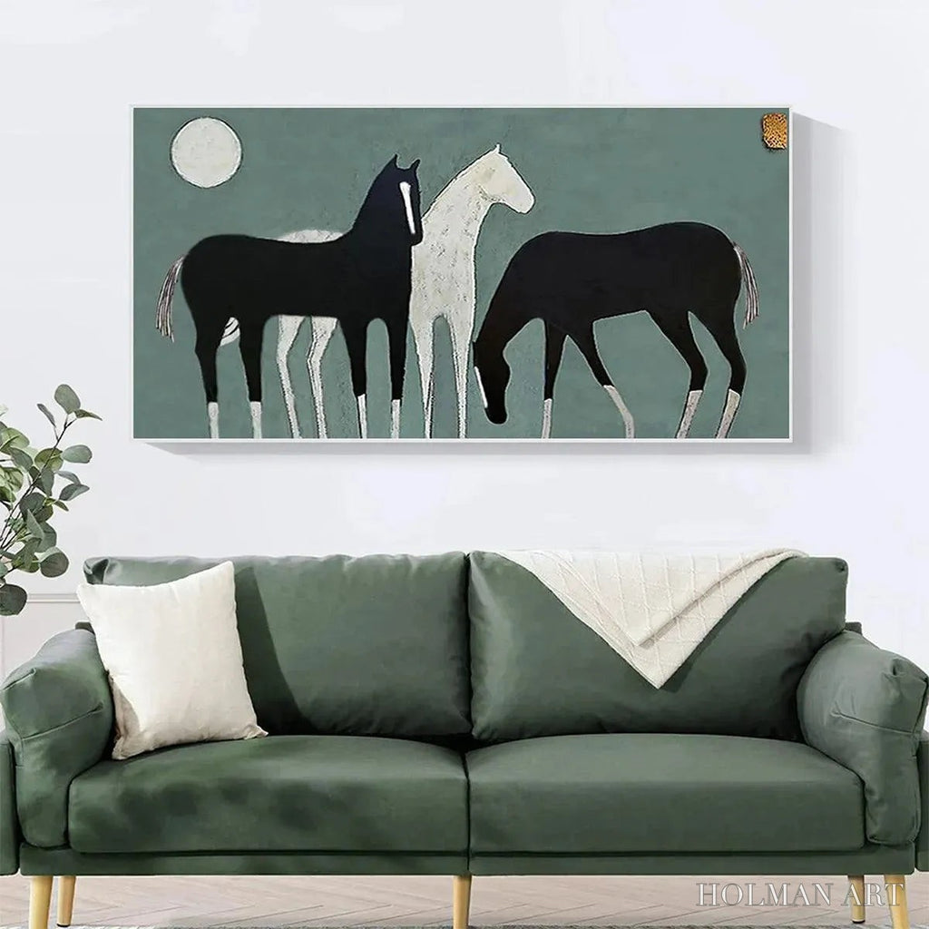 HOLMAN ART Three Horses Under the Moon – Minimalist Horse Painting, Panoramic - image 2
