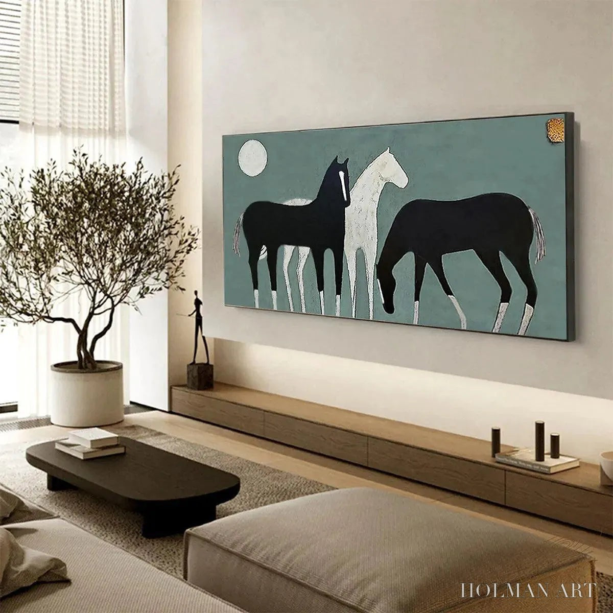 HOLMAN ART Three Horses Under the Moon – Minimalist Horse Painting, Panoramic - image 4