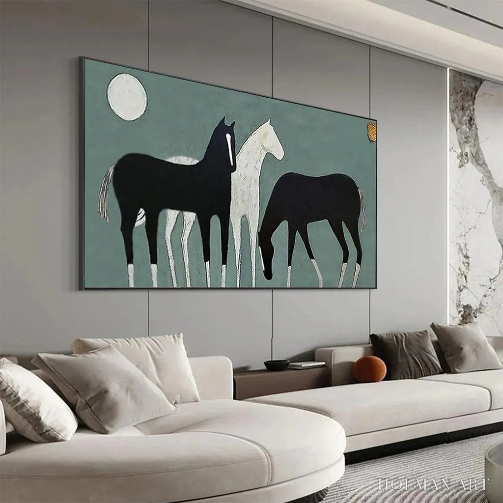HOLMAN ART Three Horses Under the Moon – Minimalist Horse Painting, Panoramic - image 6