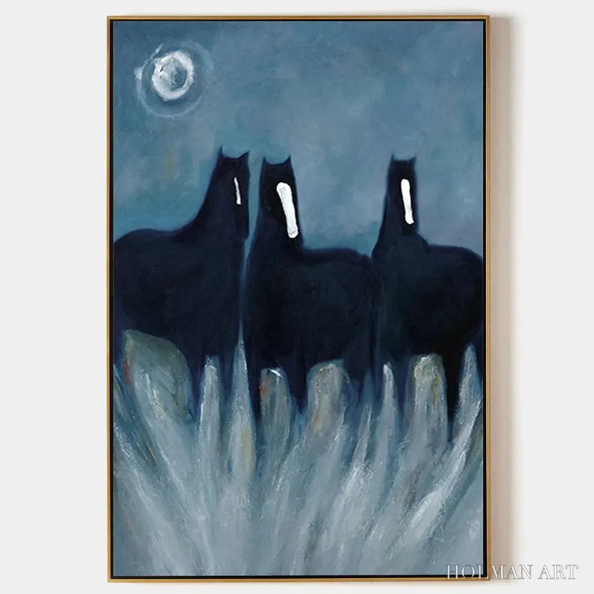 HOLMAN ART Three Horses At Night – Minimalist Horse Painting, Vertical - image 1