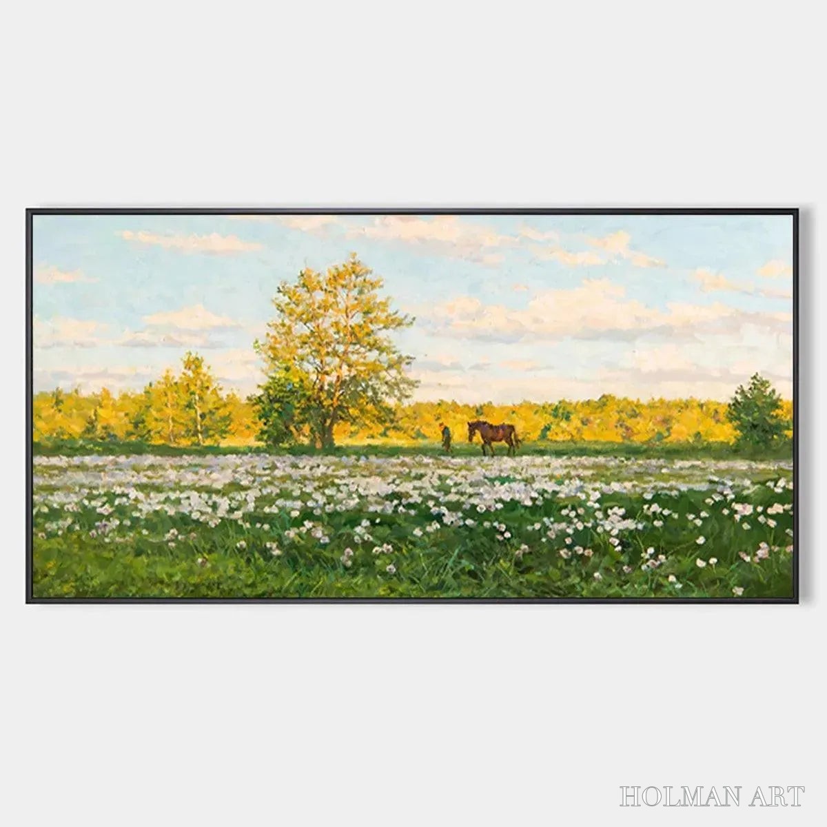 HOLMAN ART Sunlit Meadow – Tranquil Landscape Painting with Horse and Figure - image 1