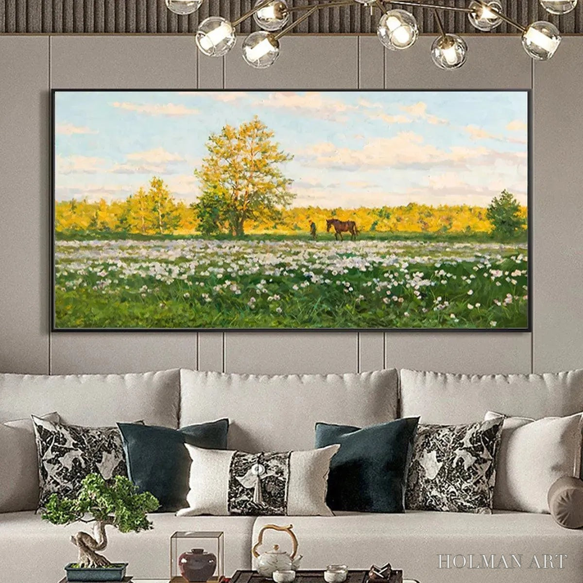 HOLMAN ART Sunlit Meadow – Tranquil Landscape Painting with Horse and Figure - image 3