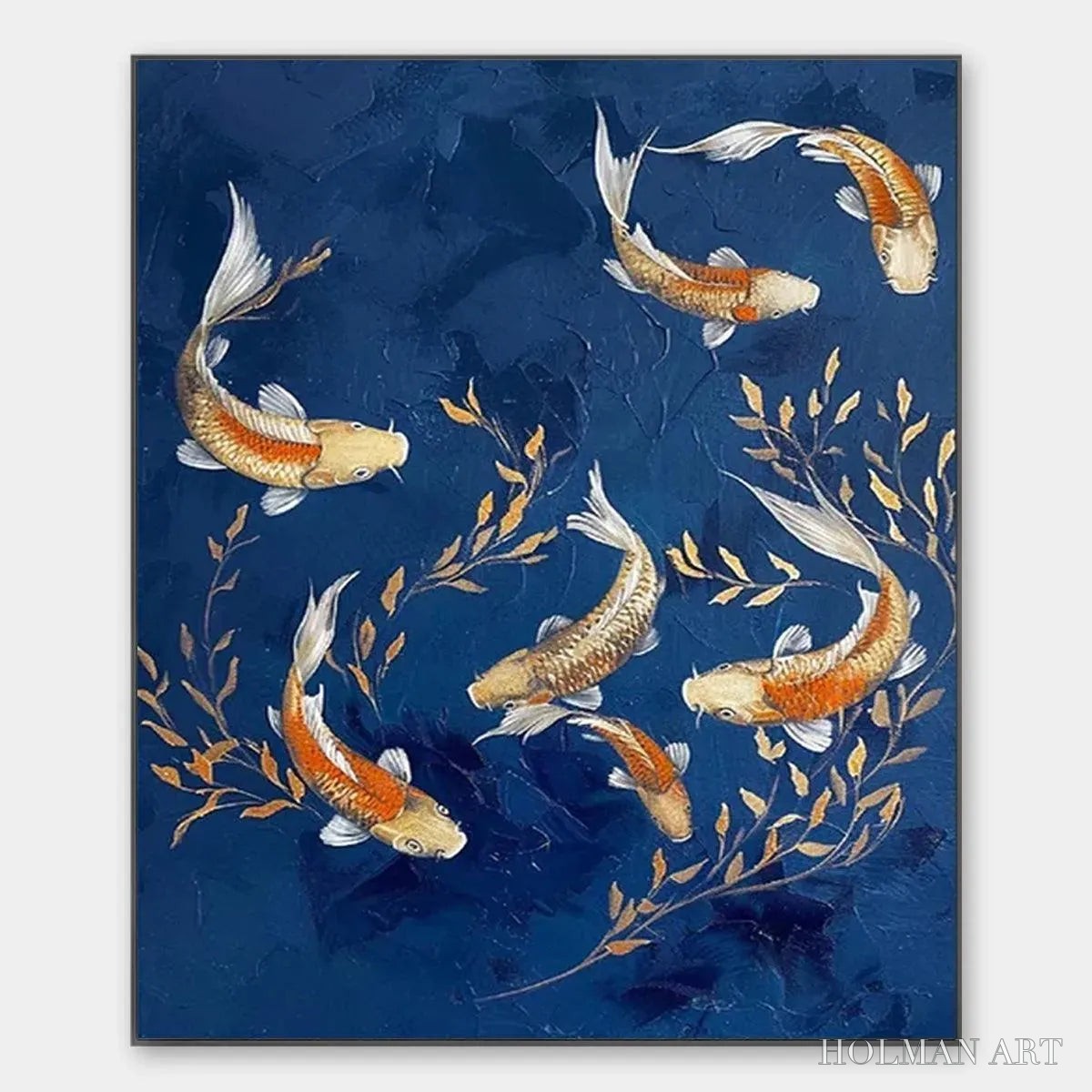HOLMAN ART Golden Koi – Vertical Koi Fish Painting on Blue Background - image 1
