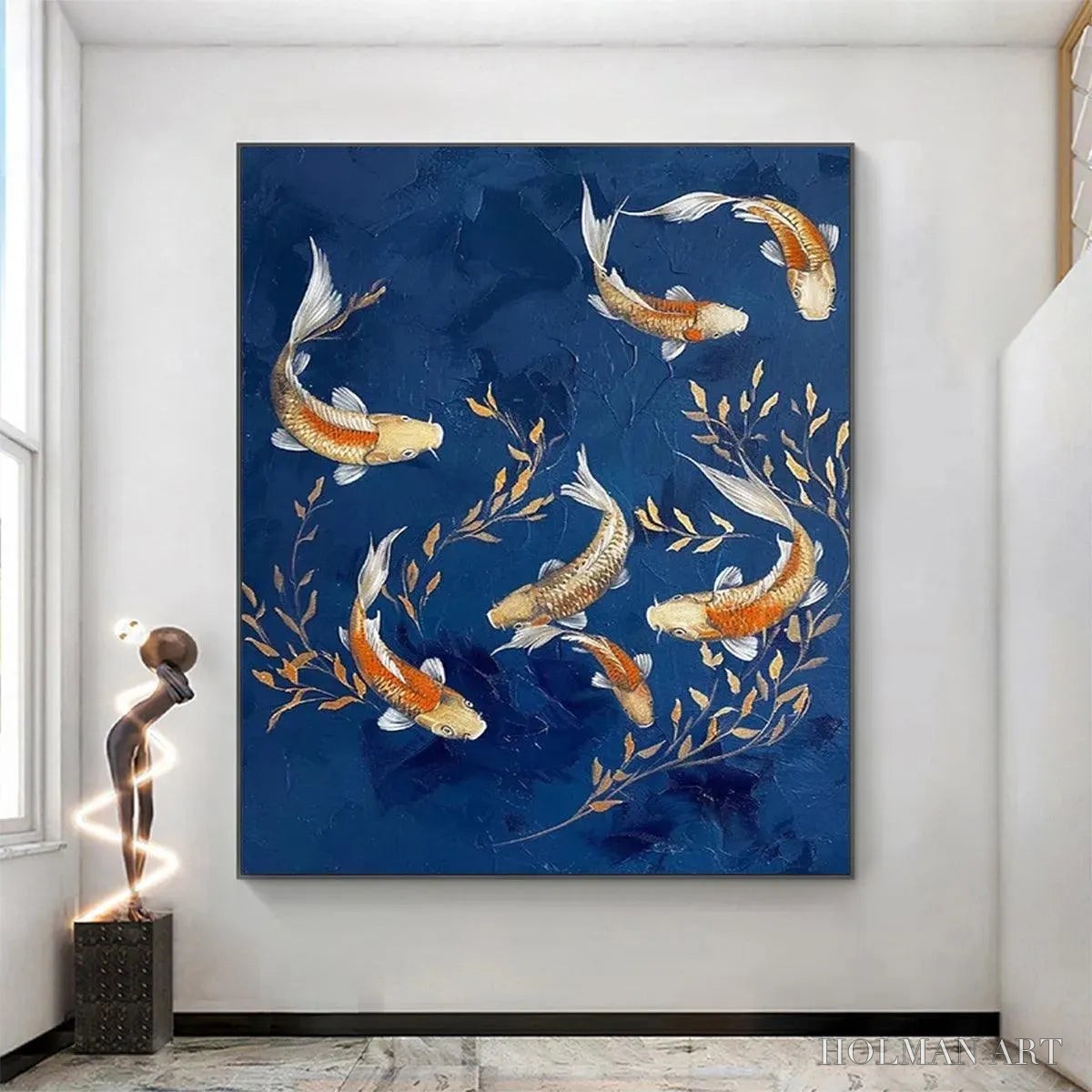 HOLMAN ART Golden Koi – Vertical Koi Fish Painting on Blue Background - image 4