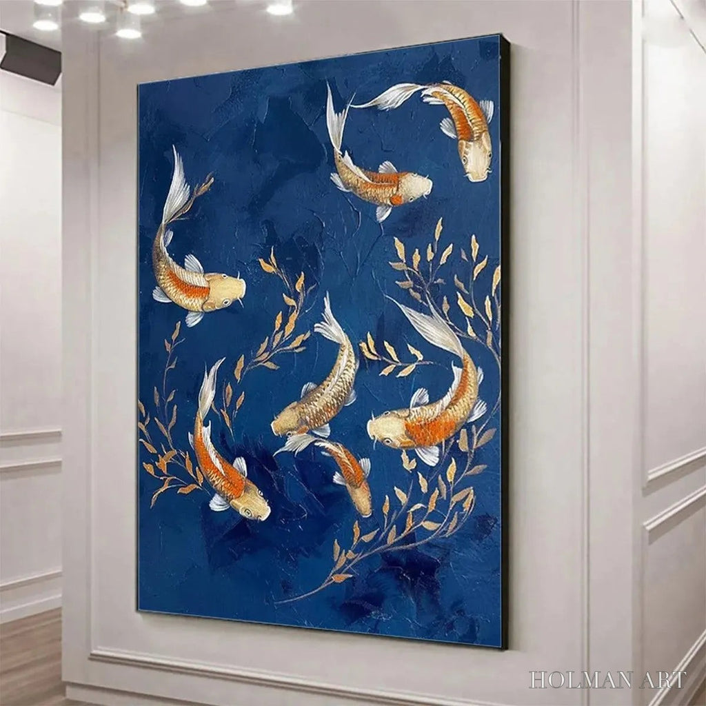 HOLMAN ART Golden Koi – Vertical Koi Fish Painting on Blue Background - image 6