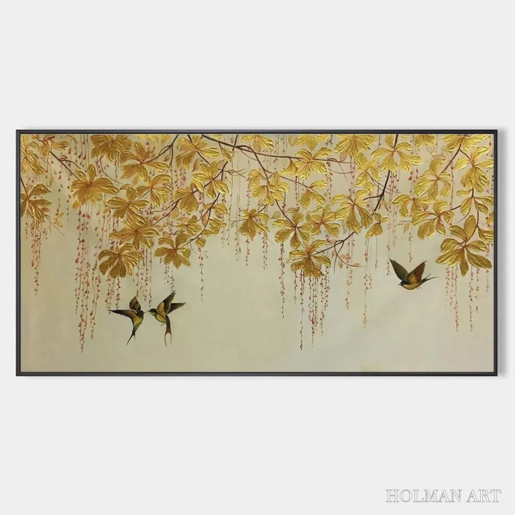HOLMAN ART Golden Garden – Panoramic Golden Leaf and Bird Painting | Asian Art - image 1