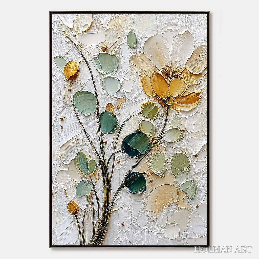 HOLMAN ART Golden Whisper – Textured Floral Impasto Painting with Gold Leaf - image 1