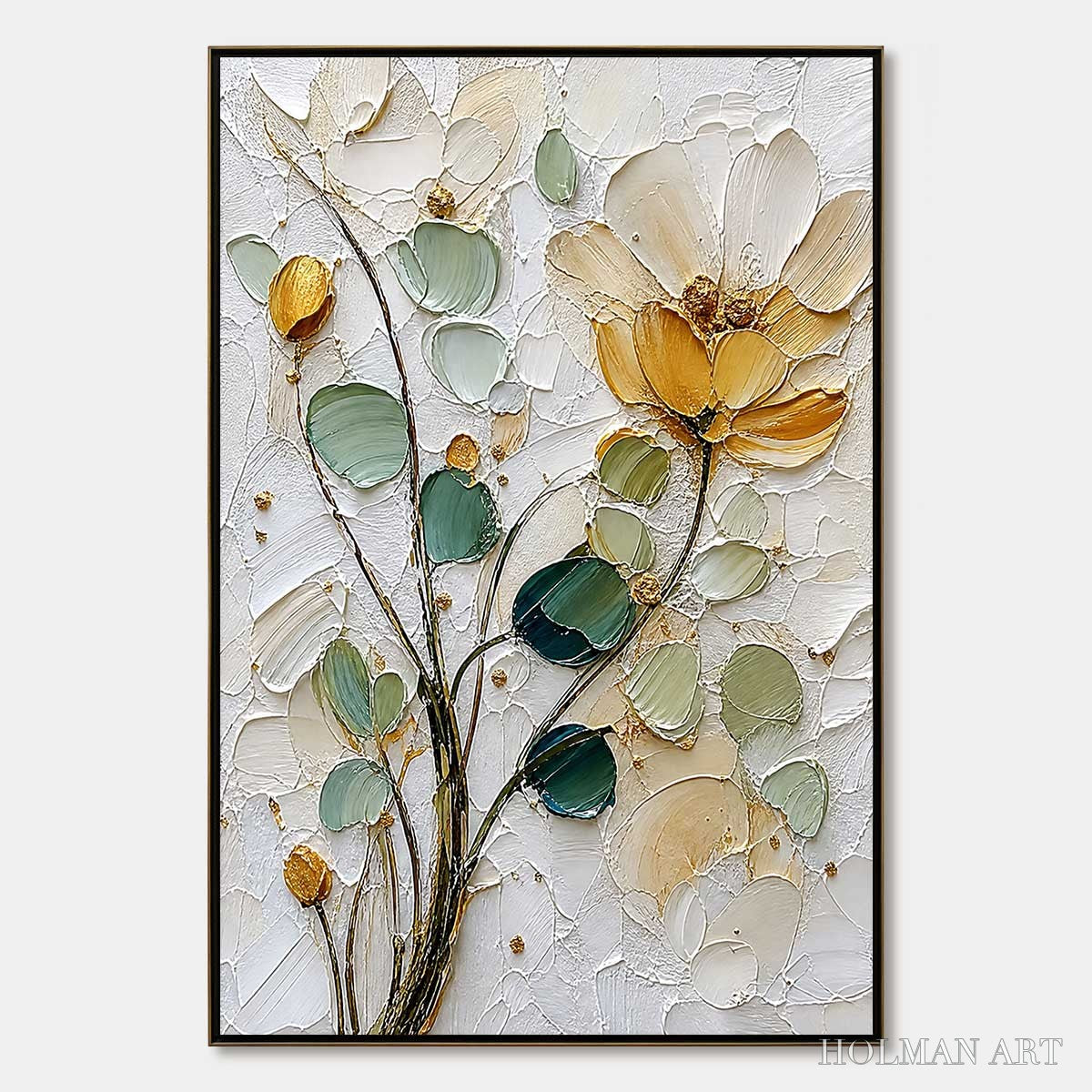 HOLMAN ART Golden Whisper – Textured Floral Impasto Painting with Gold Leaf - image 1