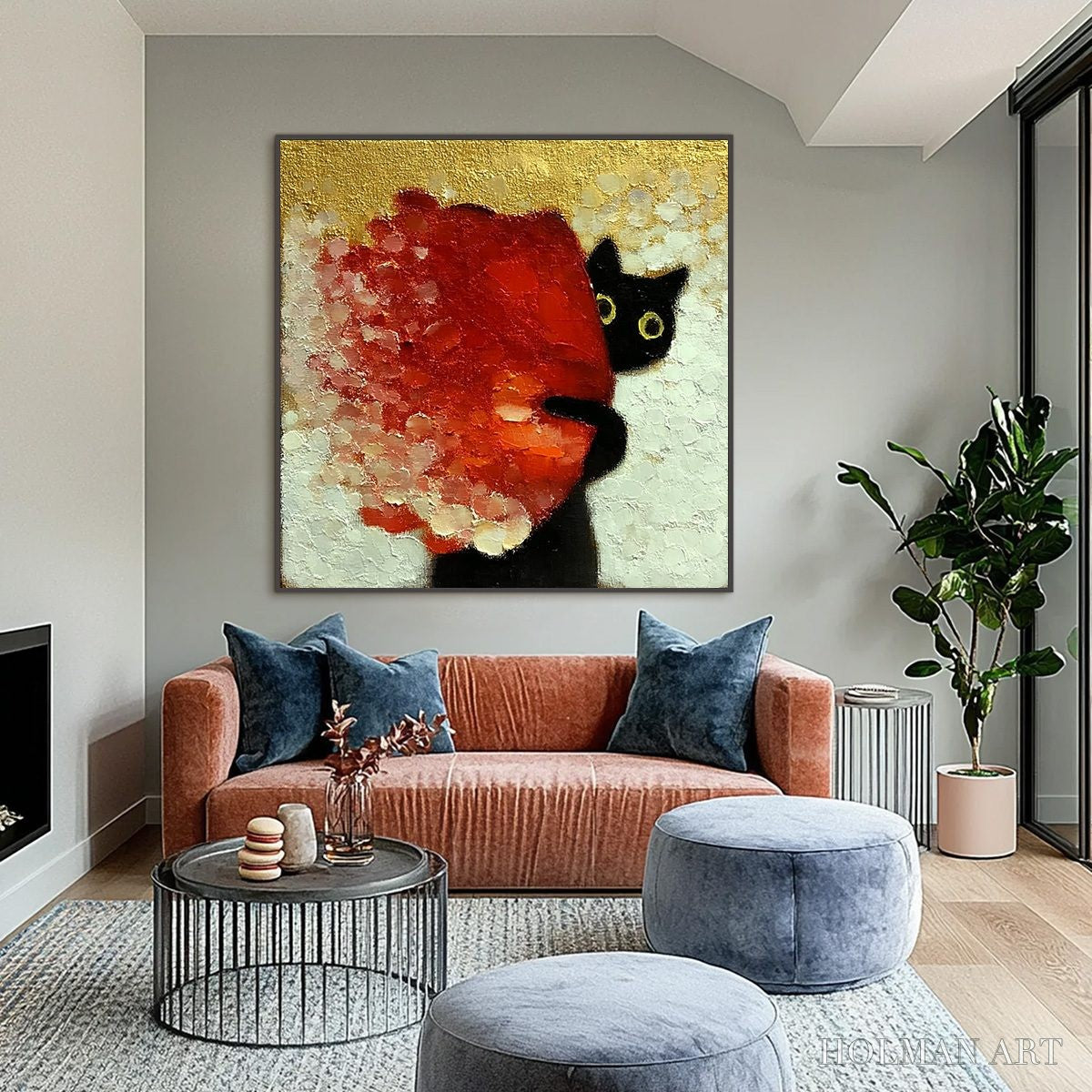 HOLMAN ART Peekaboo – Textured Impasto Black Cat and Red Flower Painting - image 2