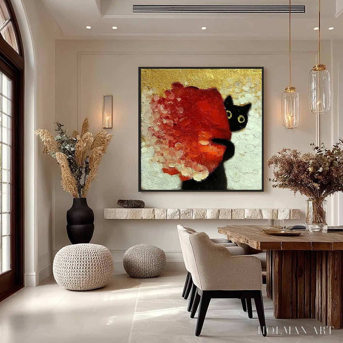 HOLMAN ART Peekaboo – Textured Impasto Black Cat and Red Flower Painting - image 4