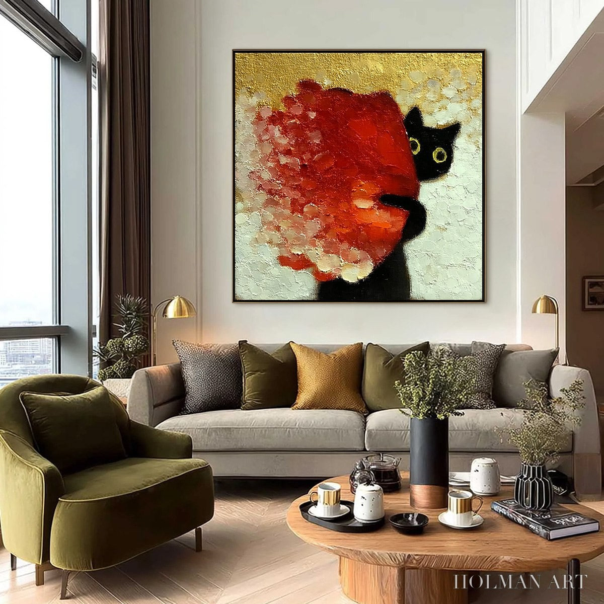 HOLMAN ART Peekaboo – Textured Impasto Black Cat and Red Flower Painting - image 6