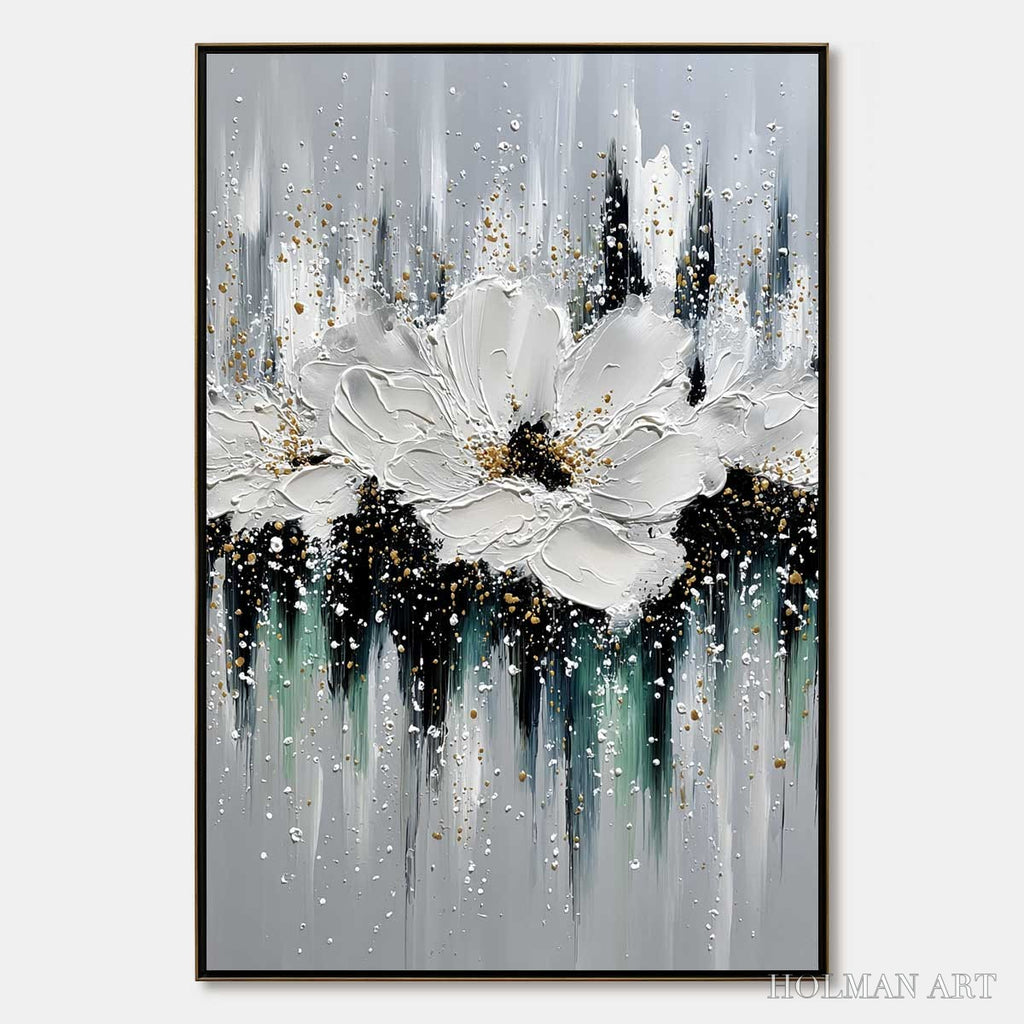 HOLMAN ART Echoes in White – Textured White Flower Impasto Oil Painting with Gold Accents - image 1