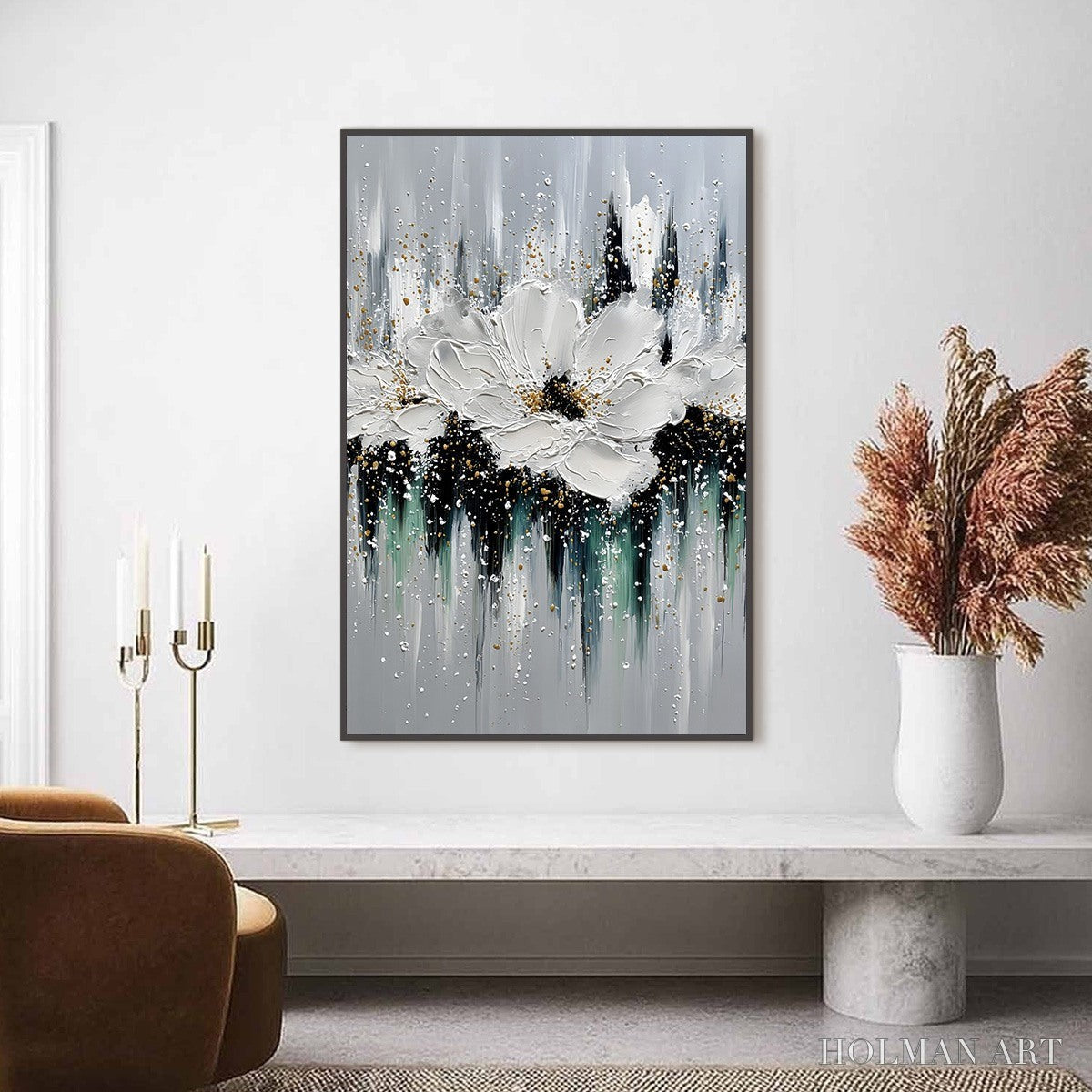 HOLMAN ART Echoes in White – Textured White Flower Impasto Oil Painting with Gold Accents - image 2