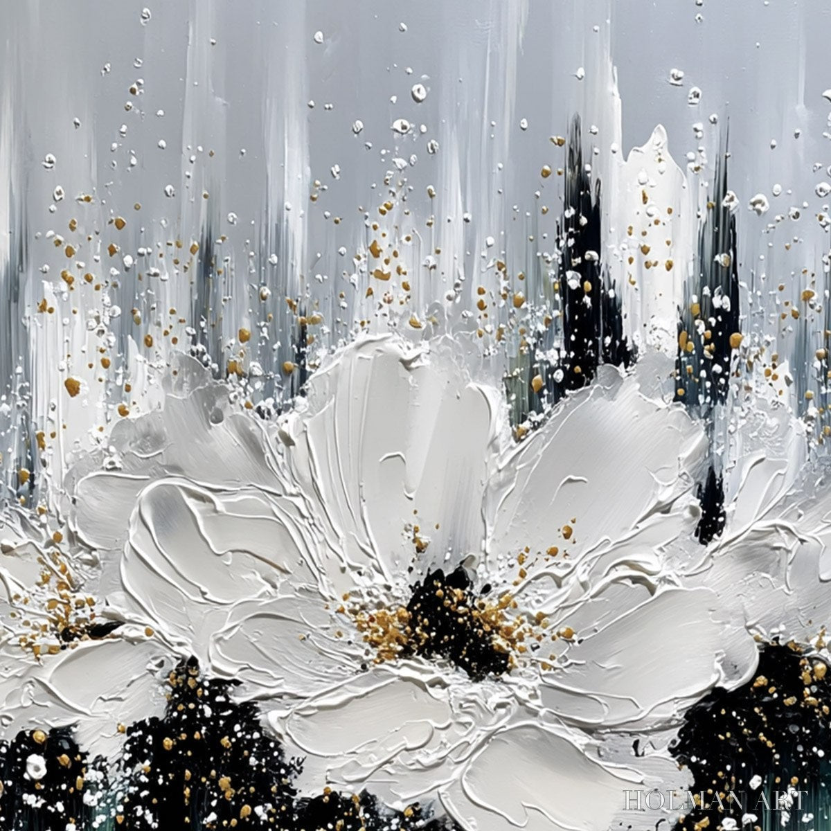 HOLMAN ART Echoes in White – Textured White Flower Impasto Oil Painting with Gold Accents - image 3