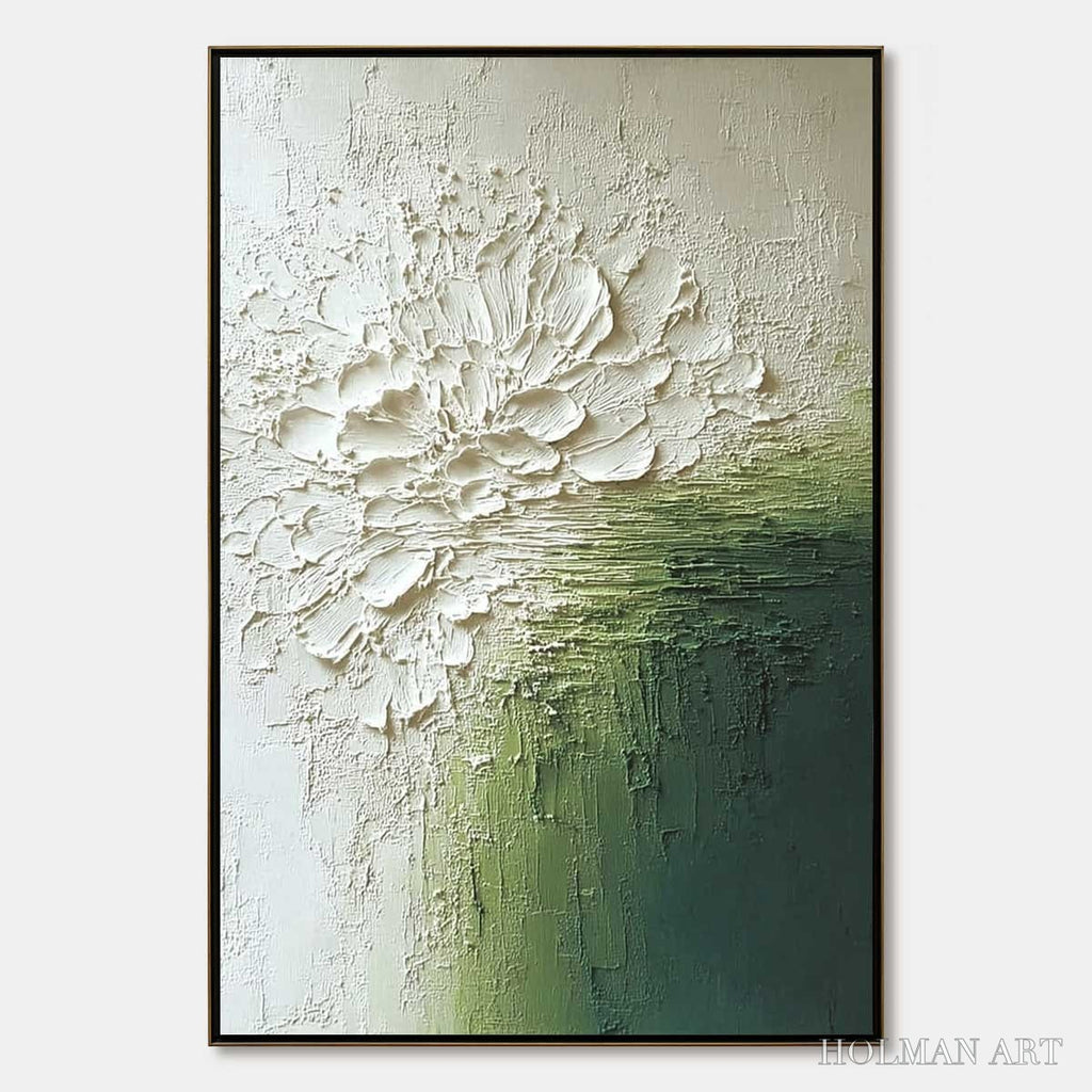 HOLMAN ART Verdant Bloom – Textured Green and White Wabi Sabi Abstract Painting - image 1