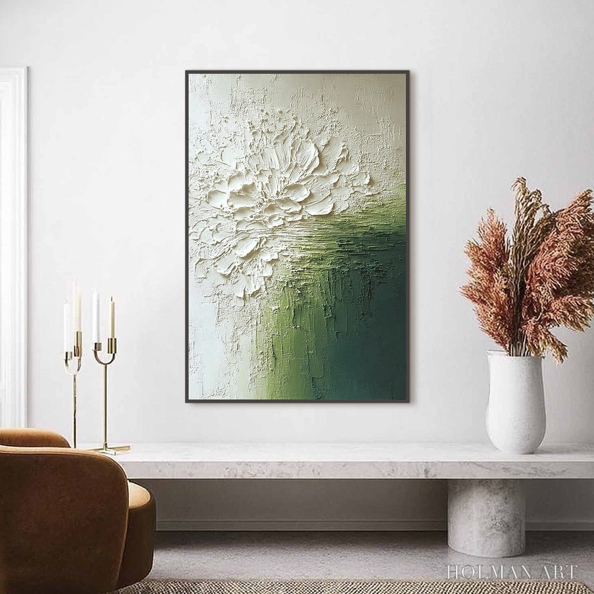 HOLMAN ART Verdant Bloom – Textured Green and White Wabi Sabi Abstract Painting - image 2