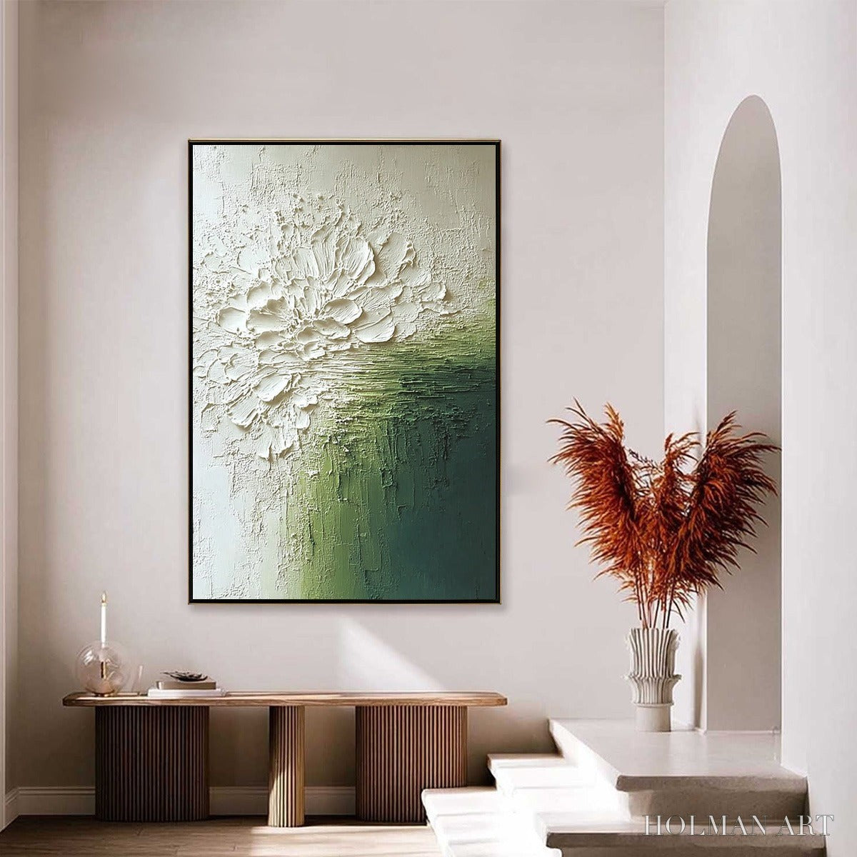 HOLMAN ART Verdant Bloom – Textured Green and White Wabi Sabi Abstract Painting - image 4